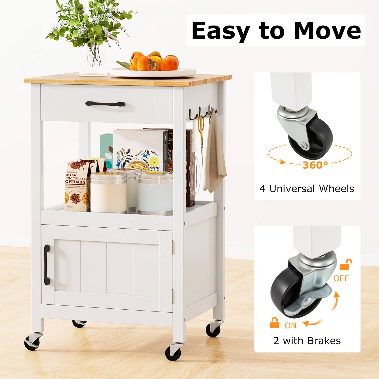 Easy to Move

- 4 Universal Wheels
- 360° Rotation
- 2 with Brakes (ON/OFF)
