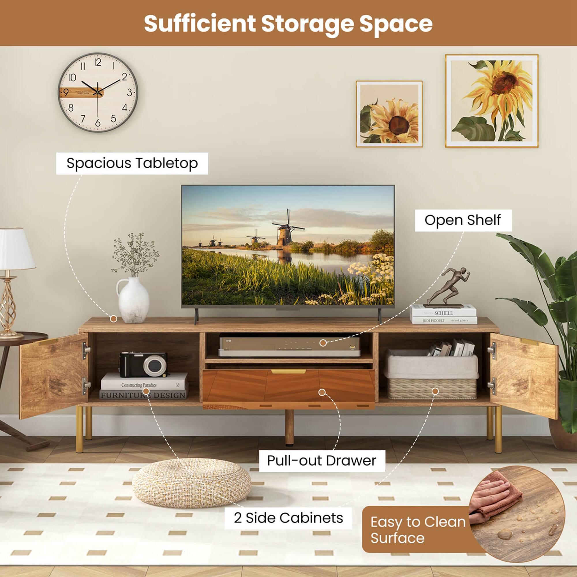 Sufficient Storage Space: 10 9 8 7 6 5 4 3 2 1

Spacious Tabletop: Open Shelf

Furniture Design: Pull-out Drawer

2 Side Cabinets: Easy to Clean Surface