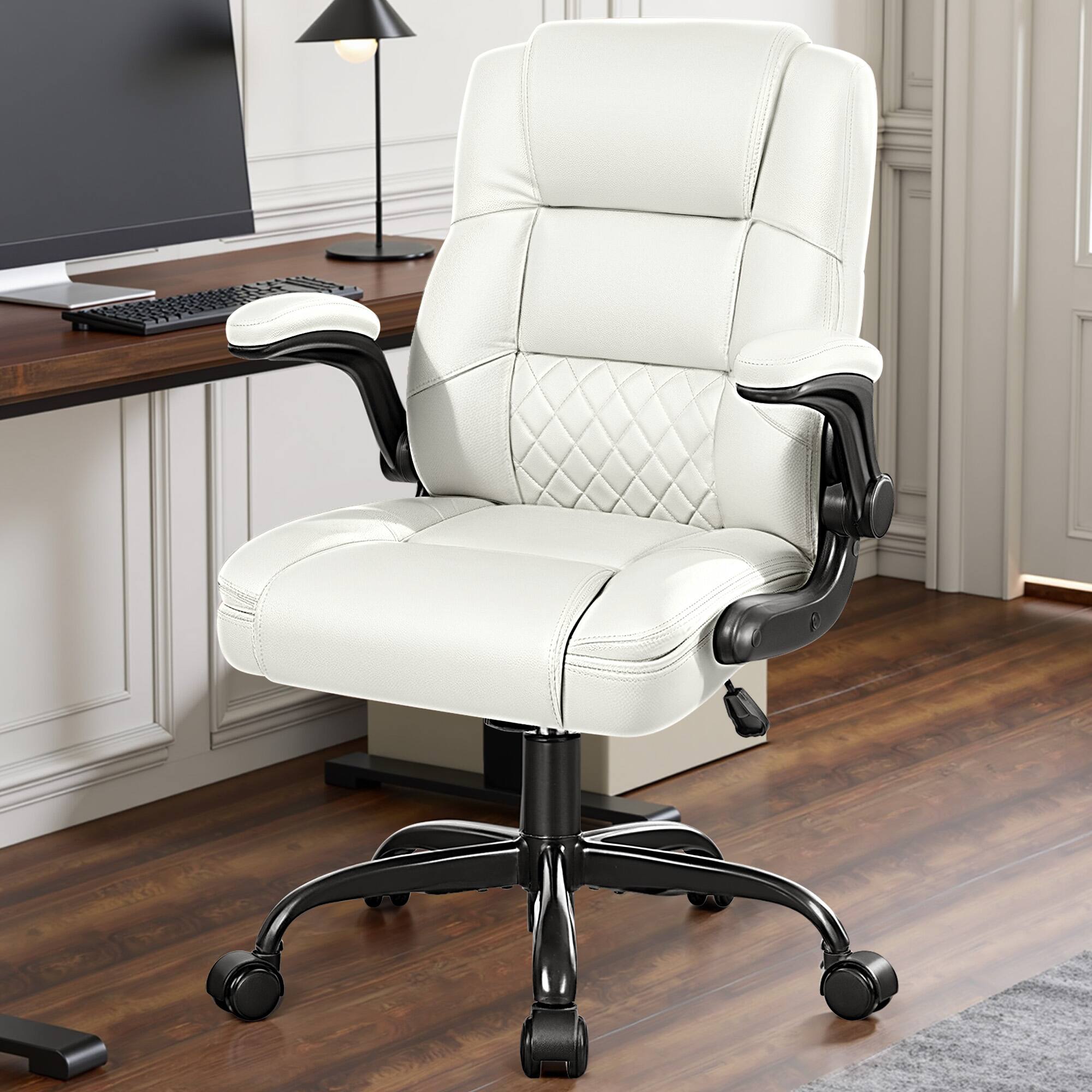 Alt View 4. KERDOM - PU Leather Office Chair with Lumbar Support, Home Office Computer Chair, Flip-up Arms, Swivel Small Desk Chair, Tilt - White.