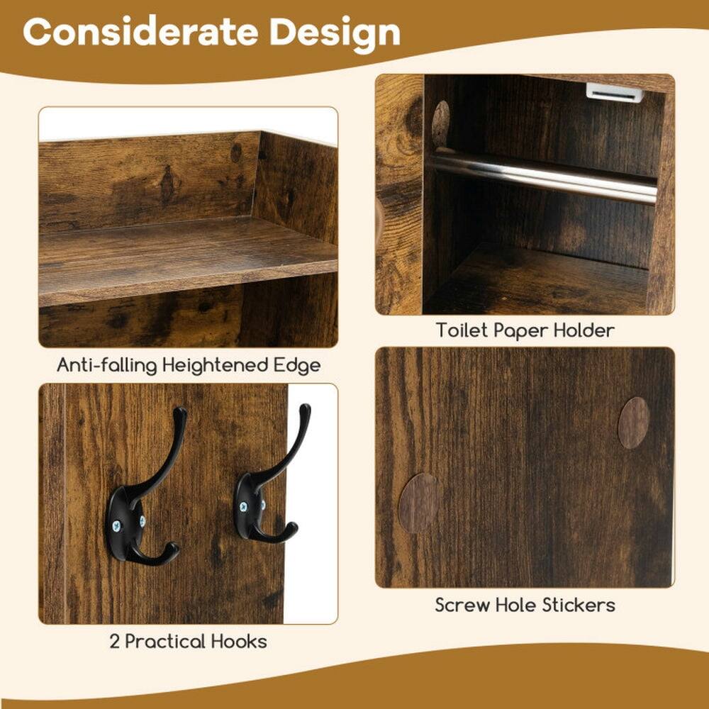 Considerate Design

- Anti-falling Heightened Edge
- Toilet Paper Holder
- 2 Practical Hooks
- Screw Hole Stickers