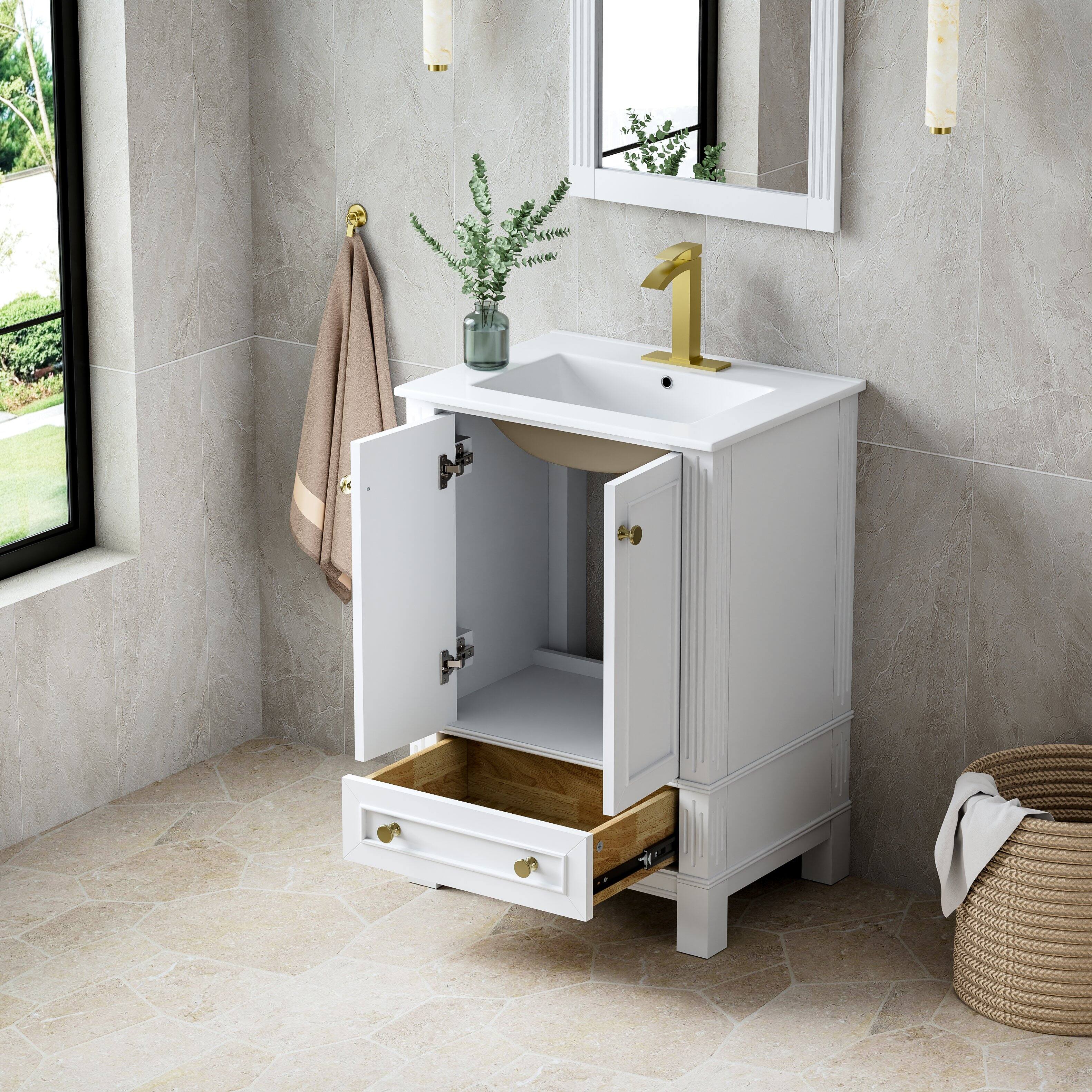 Back. WELLFOR - DURA 24 in. Solid Wood Bath Vanity with Countertop Basin, Single Sink - White.