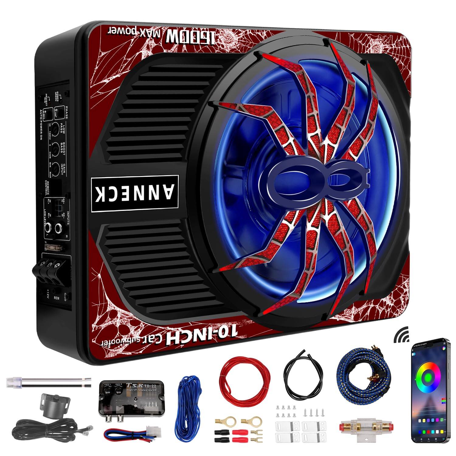 Sure, here is the corrected and grouped text from the image:

**Front Panel:**
- "ANNECK"
- "TOLINCH 12-Inch Car Subwoofer"
- "TSKTD-R2"

**Control Panel:**
- "AUDIO INPUT"
- "VOLUME"
- "BASS"
- "TREBLE"
- "BASS BOOST"
- "TREBLE BOOST"
- "PHASE"
- "REMOTE"

**Additional Text:**
- "MAX POWER"
- "TOLINCH"
- "ANNECK"

**Included Accessories:**
- "TSKTD-R2"
- "REMOTE"
- "CABLES"
- "CONNECTORS"
- "TOOLS"

**Smartphone App:**
- "RGB COLOR"
- "WIRELESS CONTROL"