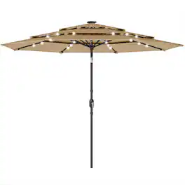 Outsunny - ft Outdoor Patio Umbrella with Solar LED Lights, 3 Tier Outdoor Table Umbrella with Tilt - Khaki
