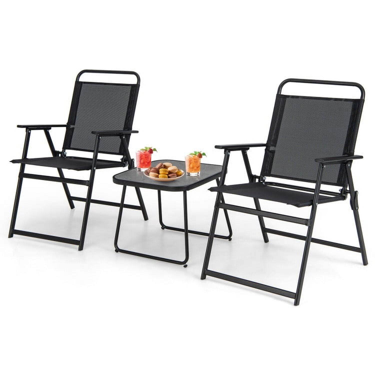 Back. Pefilos - 3 Pieces Patio Folding Conversation Chairs and Table , Deluxe Outdoor Patio with Chairs and Table-Black - Black.