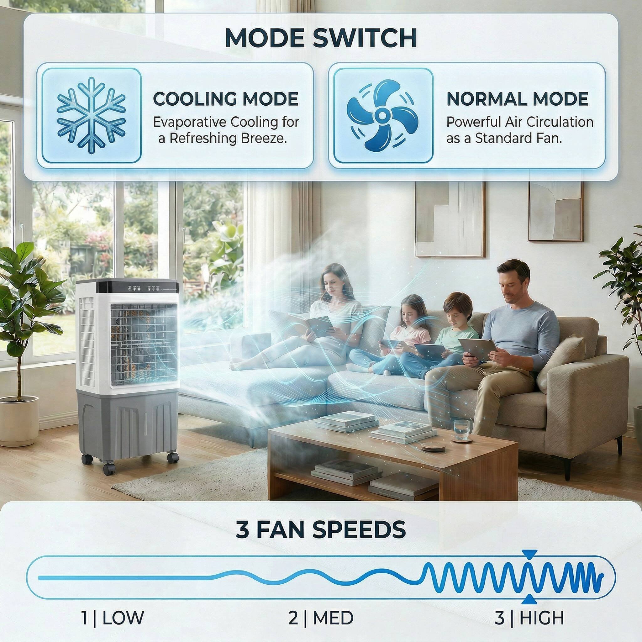 MODE SWITCH

COOLING MODE  
Evaporative Cooling for a Refreshing Breeze.

NORMAL MODE  
Powerful Air Circulation as a Standard Fan.

3 FAN SPEEDS  
1 | LOW  
2 | MED  
3 | HIGH