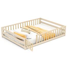 Costway - Full Size Floor Bed with Full Length Safety Guardrails & Door for Boys, Girls - Natural