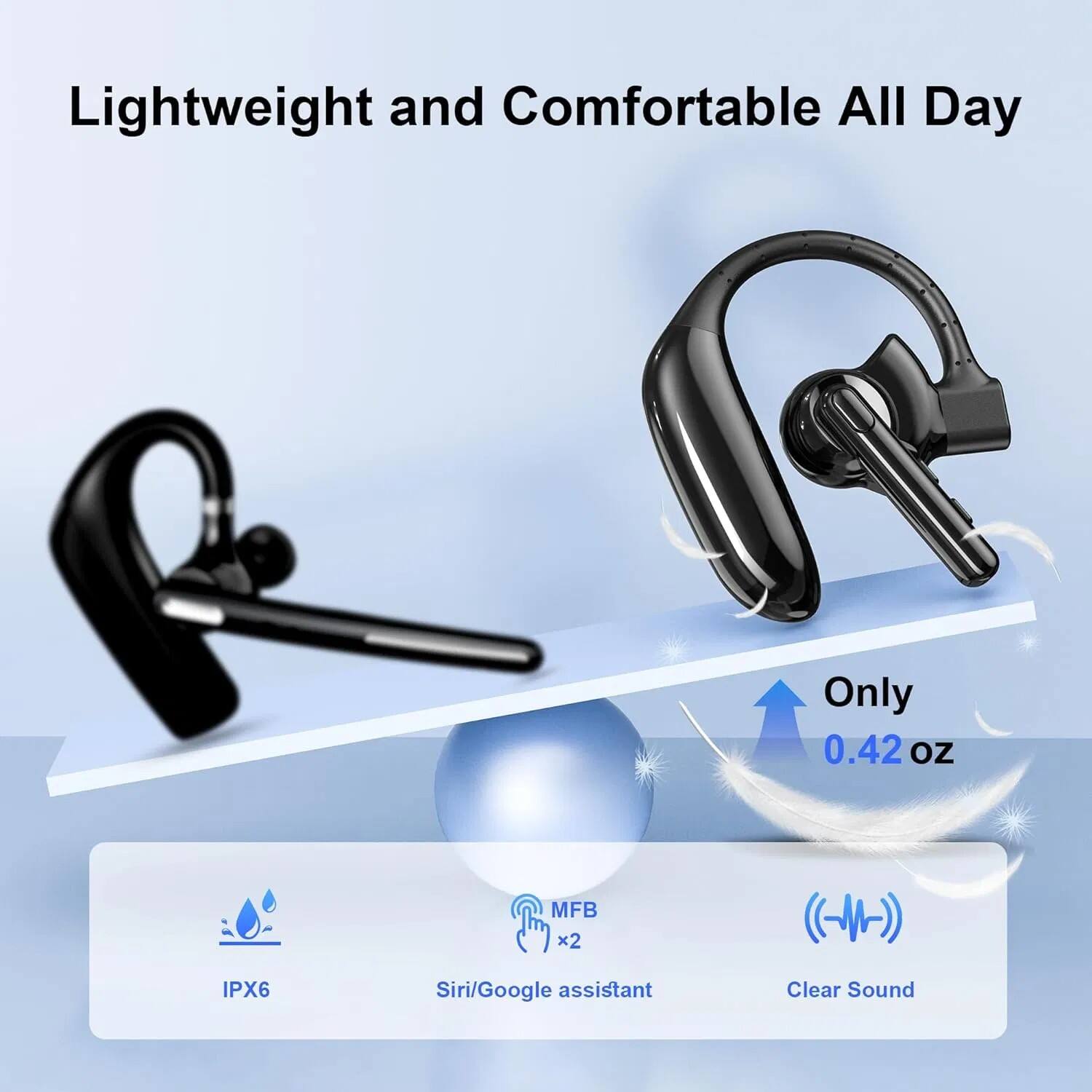 Lightweight and Comfortable All Day  
Only 0.42 oz  
IPX6  
MFB x2  
Siri/Google assistant  
Clear Sound