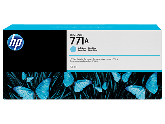 hp DESIGNJET 771A A Light Cyan Cian Clare Cyan Clair Ciano Claro HP Vivid Photo Ink Cartridge / Canouché d'encre photo HP Vivid Canucho de tinta fotográfica HP Vivid 775 ml