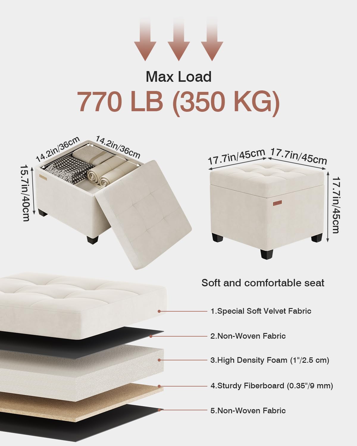 Max Load: 770 LB (350 KG)

Dimensions:
- 14.2in/36cm x 14.2in/36cm x 15.7in/40cm
- 17.7in/45cm x 17.7in/45cm x 17.7in/45cm

Soft and comfortable seat:
1. Special Soft Velvet Fabric
2. Non-Woven Fabric
3. High Density Foam (1"/2.5 cm)
4. Sturdy Fiberboard (0.35"/9 mm)
5. Non-Woven Fabric