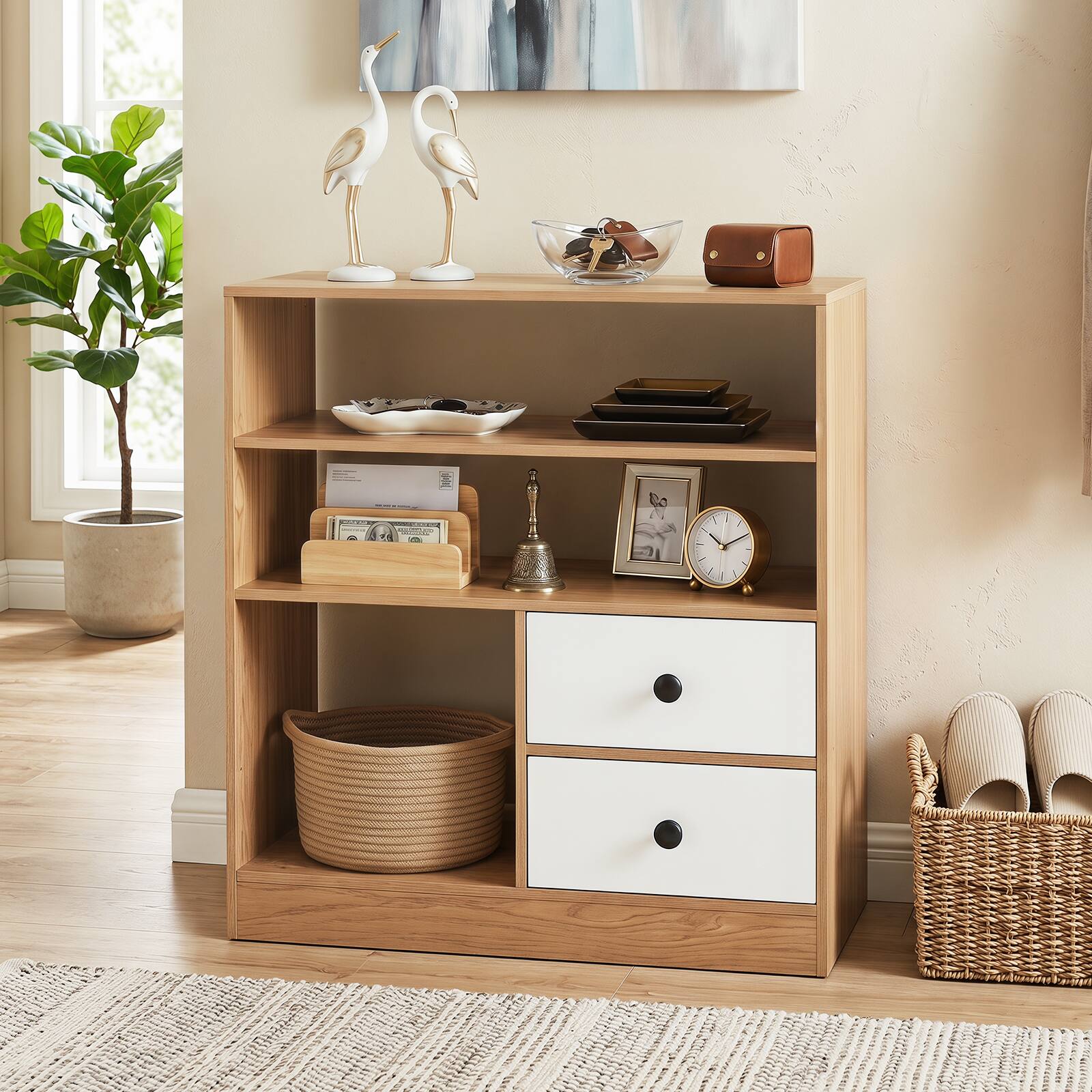 Alt View 3. Costway - Costway Open Storage Cabinet with 3 Open Compartments & 2 Detachable Fabric Drawers - Natural.