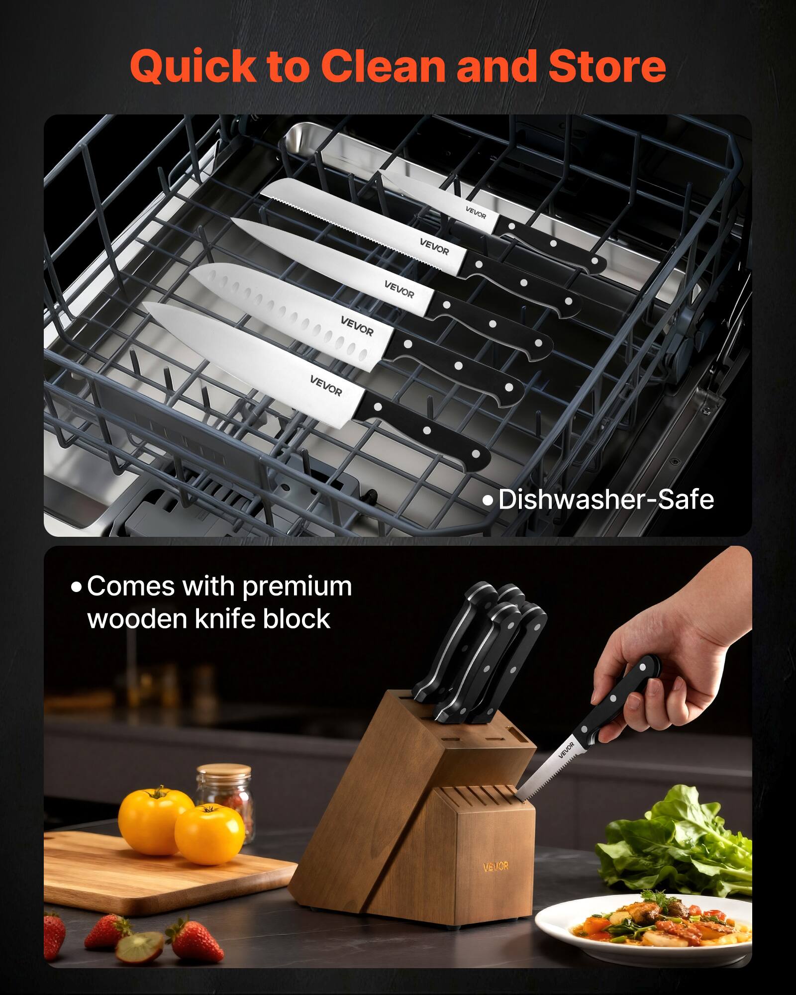 Quick to Clean and Store

- Dishwasher-Safe
- Comes with premium wooden knife block