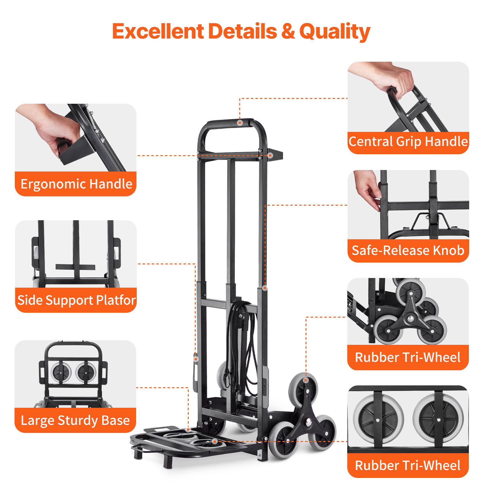 Excellent Details & Quality

- Ergonomic Handle
- Central Grip Handle
- Side Support Platform
- Safe-Release Knob
- Large Sturdy Base
- Rubber Tri-Wheel
- Rubber Tri-Wheel