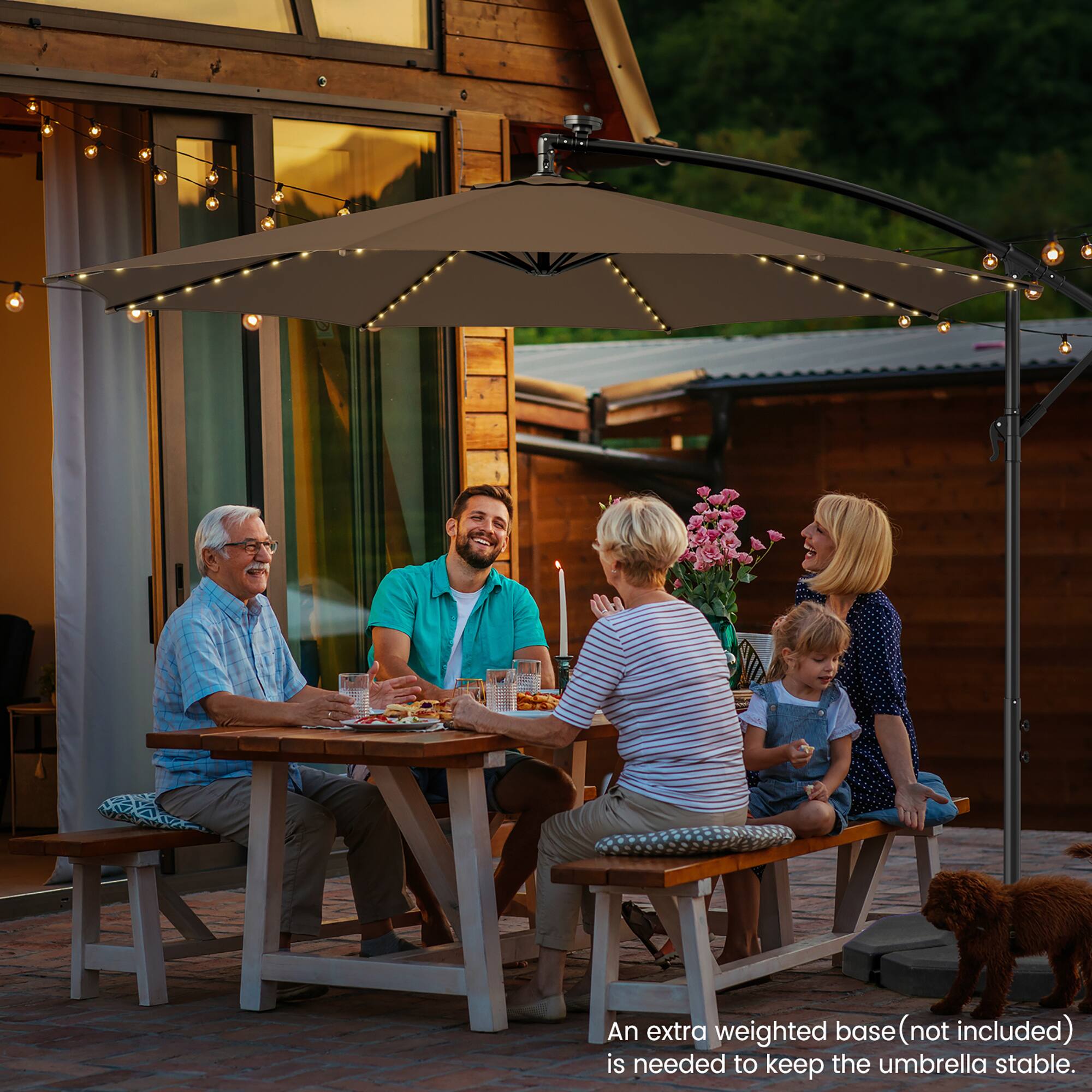 An extra weighted base (not included) is needed to keep the umbrella stable.