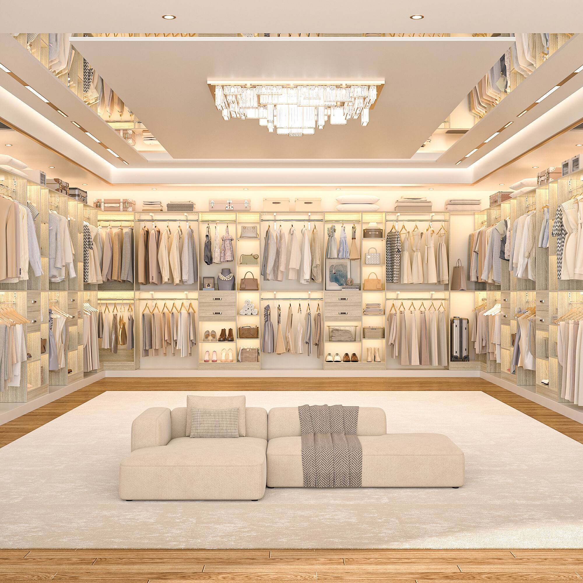 Alt View 2. Aheaplus - 126'' L Shaped Closet System with 4 Drawers, 8 Hanging Rods and Adjustable Shelves, Reversible, Set of 3 - Beige Oak.