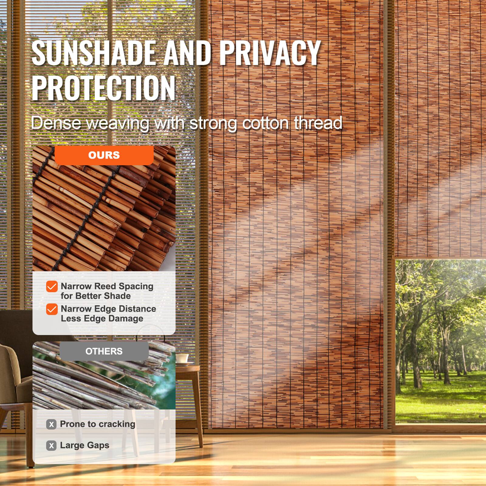 **SUNSHADE AND PRIVACY PROTECTION**

Dense weaving with strong cotton thread

**OURS**
- Narrow Reed Spacing for Better Shade
- Narrow Edge Distance Less Edge Damage

**OTHERS**
- Prone to cracking
- Large Gaps
