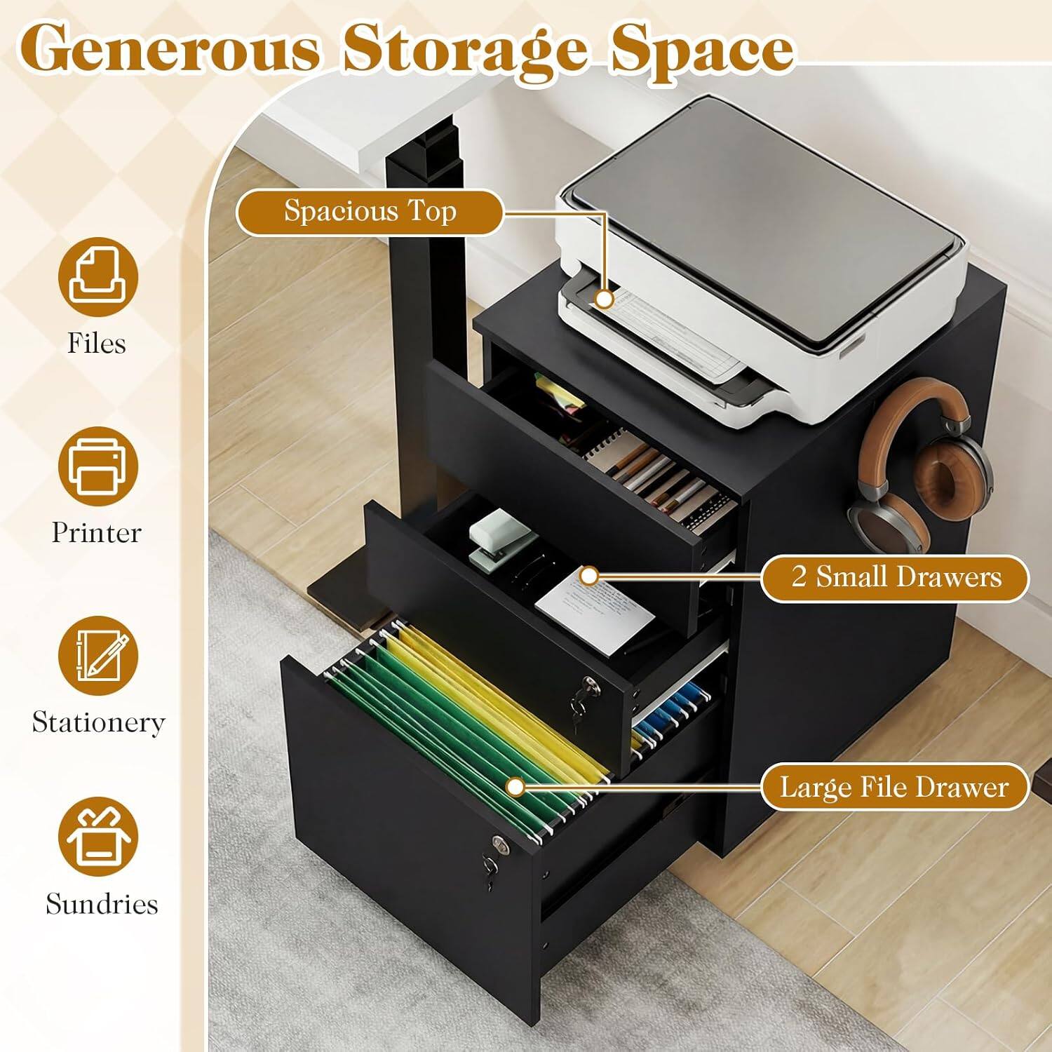 Generous Storage Space  
Spacious Top  
Files  
Printer  
Stationery  
Sundries  
2 Small Drawers  
Large File Drawer