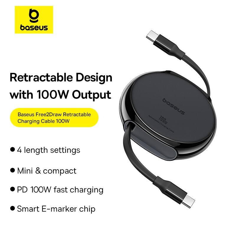 baseus Retractable Design with 100W Output, Baseus Free2Draw Retractable Charging Cable 100W, 4 length settings, Mini & compact, PD 100W fast charging, Smart E-marker chip