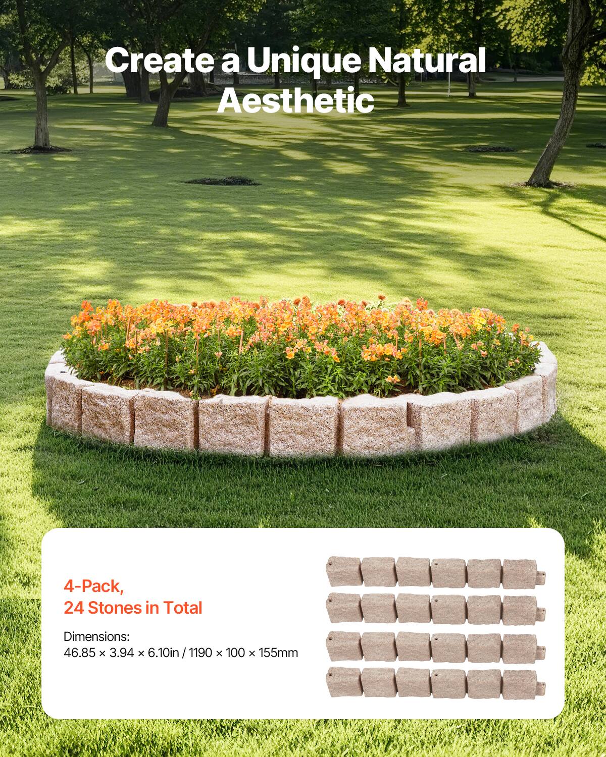 Create a Unique Natural Aesthetic

4-Pack, 24 Stones in Total

Dimensions: 46.85 x 3.94 x 6.10in / 1190 x 100 x 155mm