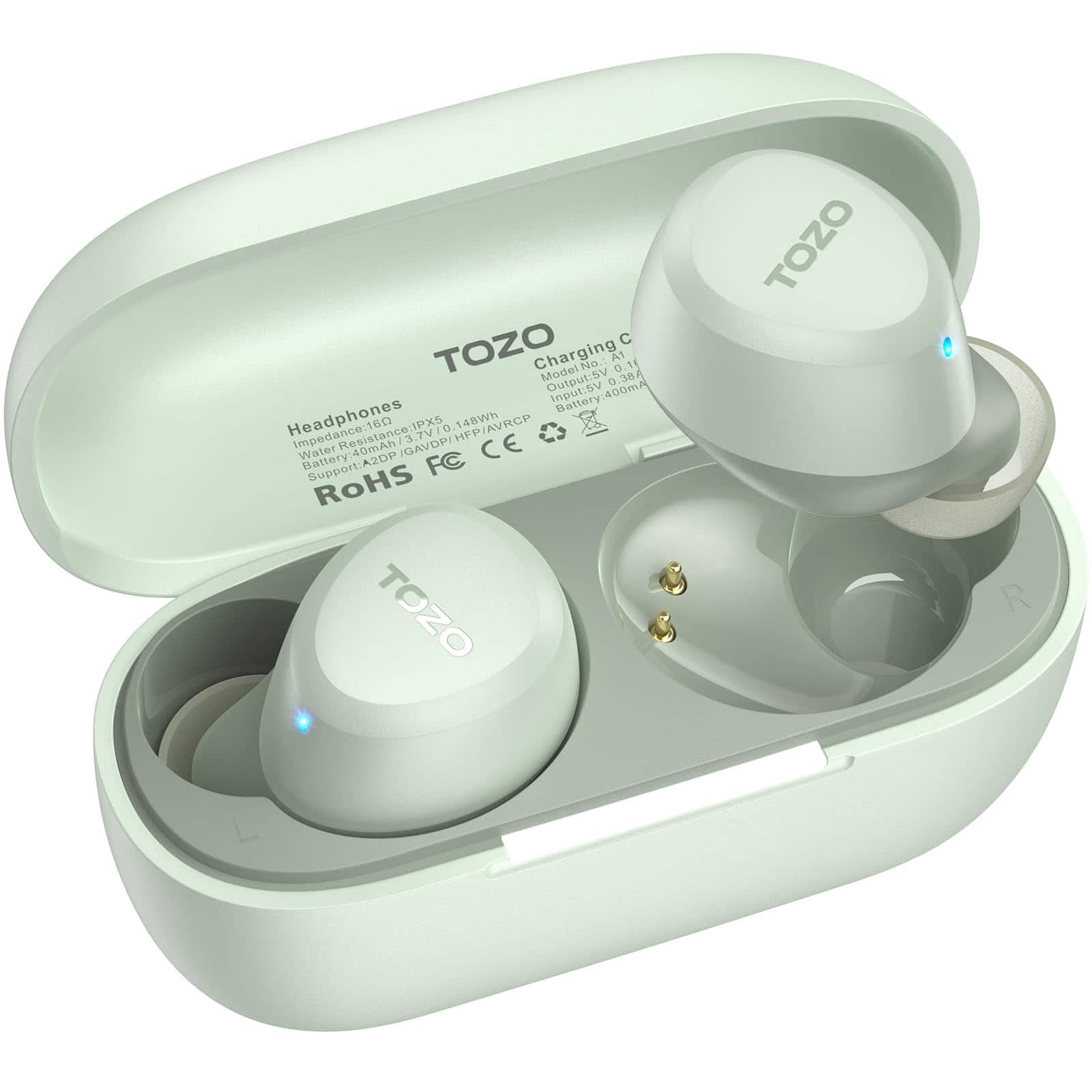 TOZO Charging Case
Model No. A1
Input: 5V 0.4A
Output: 0.36V 400mA
Battery: 400mAh
Headphones
Impedance: 16
Resistance: IPX5
Support: A2DP/AVRCP
Water: 40m
GAVDP
CE
FC
ROHS
TOZO
TOZO R