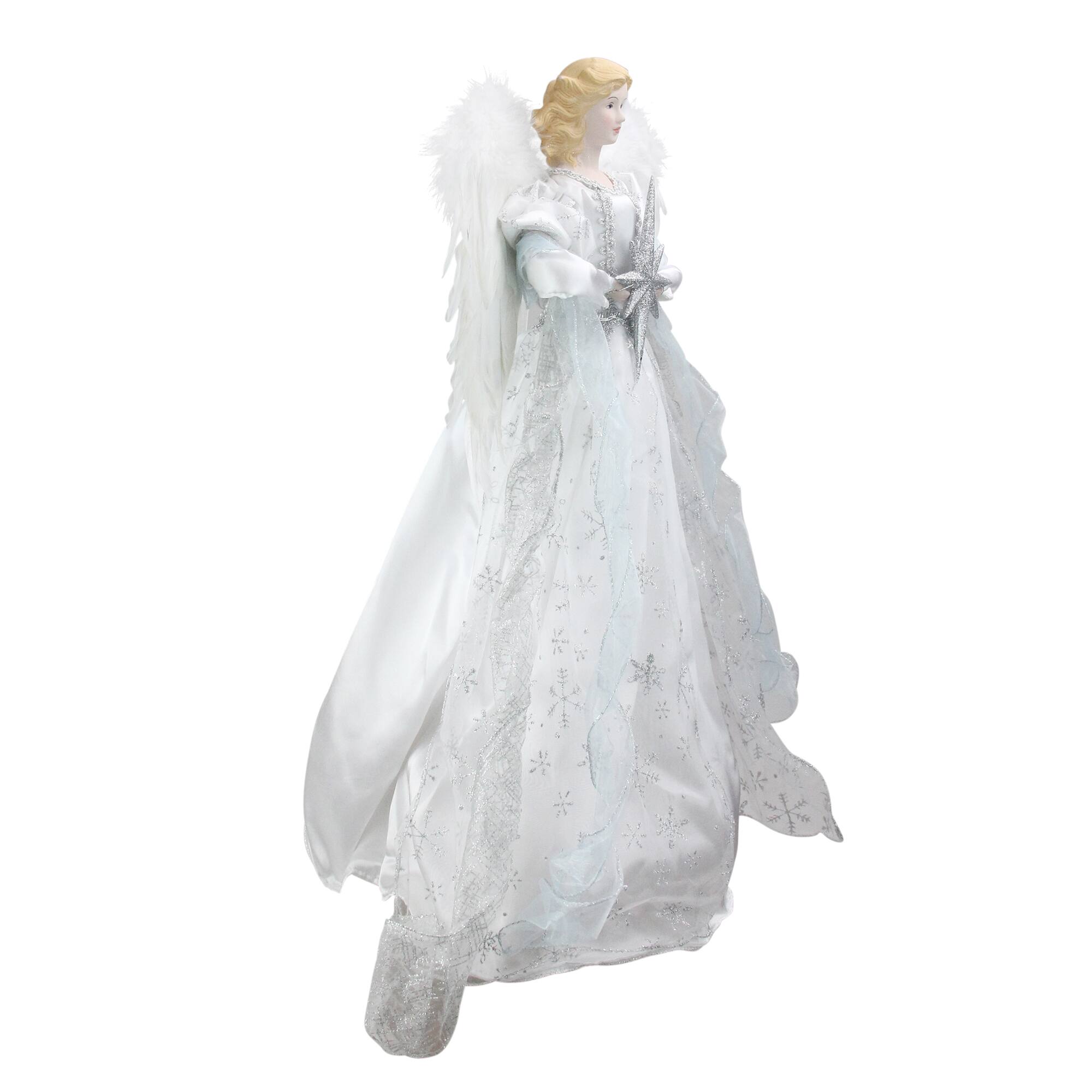 Alt View 1. Roman - 22" White and Silver Glitter Angel with Star Hanging Christmas Decoration - White.