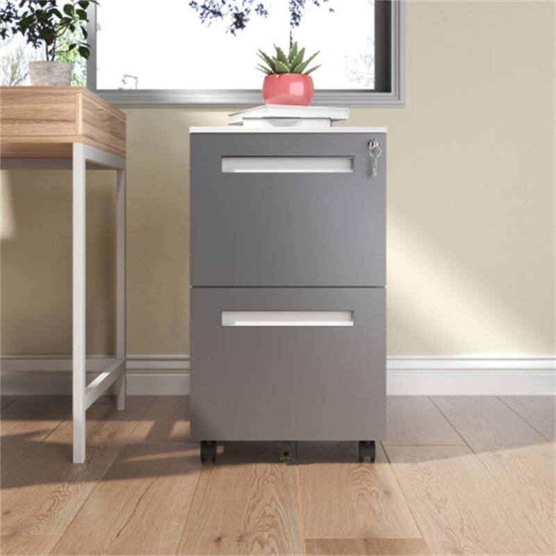 Angle. HTUTWOO - Mobile File Cabinet 2-Drawer with Lock-360° Wheels Storage Cabinet,Fully Assembled,A4 File Holder,110lbs/Drawer Capacity - White.