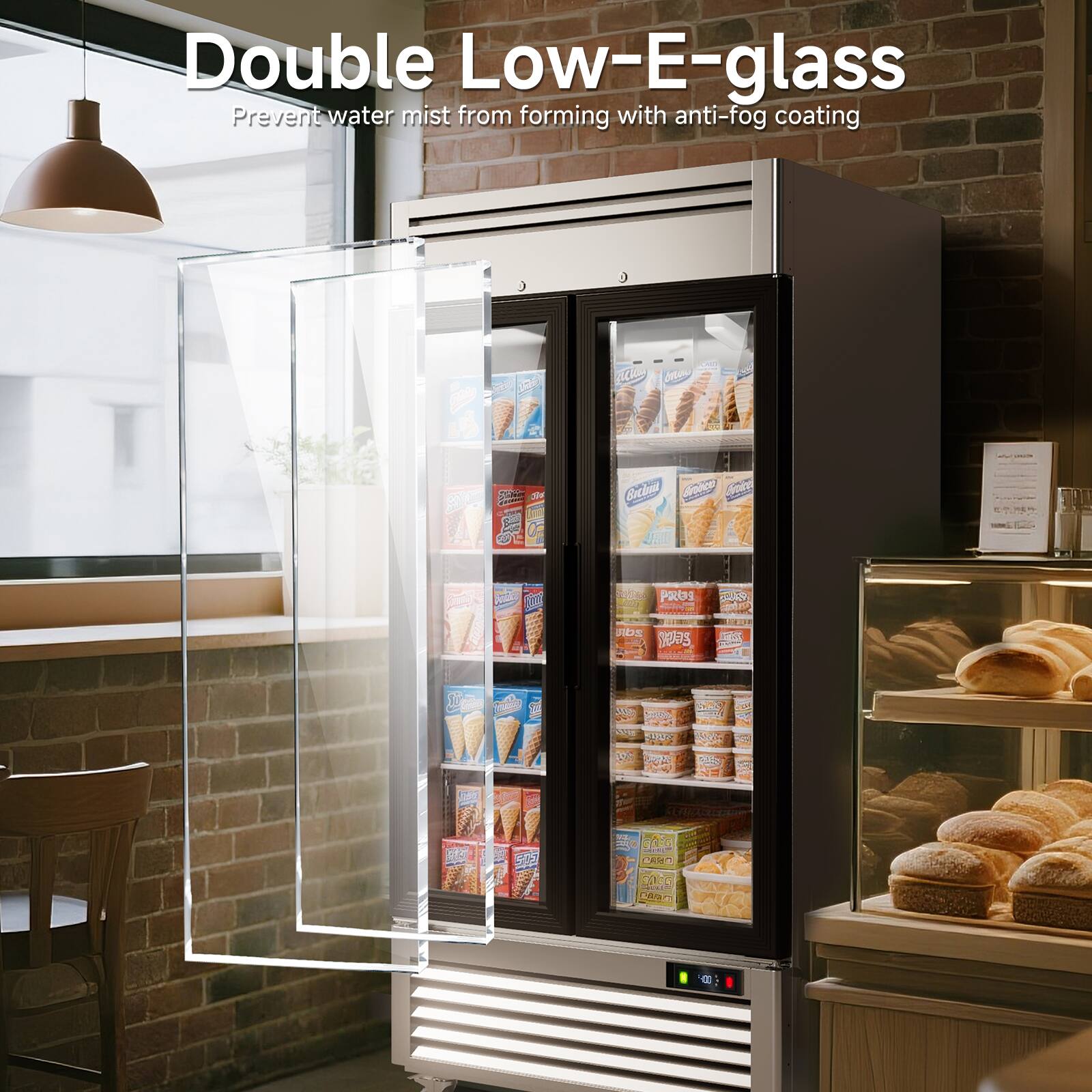 Double Low-E-glass  
Prevent water mist from forming with anti-fog coating