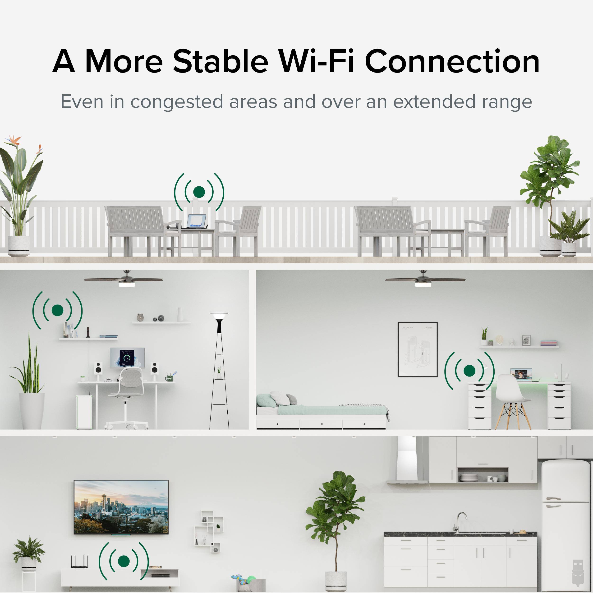 A More Stable Wi-Fi Connection  
Even in congested areas and over an extended range