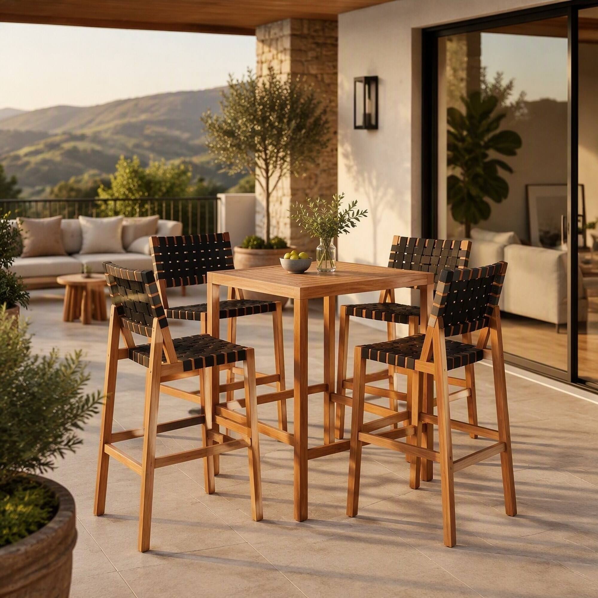 Left. RYHNUYNE - 30.5" Seat Height 5‑Piece Wood Patio Bar Set,Teak Finish Frame with Black PE Woven Rope,Comfortable Seating - Teak+ Black.