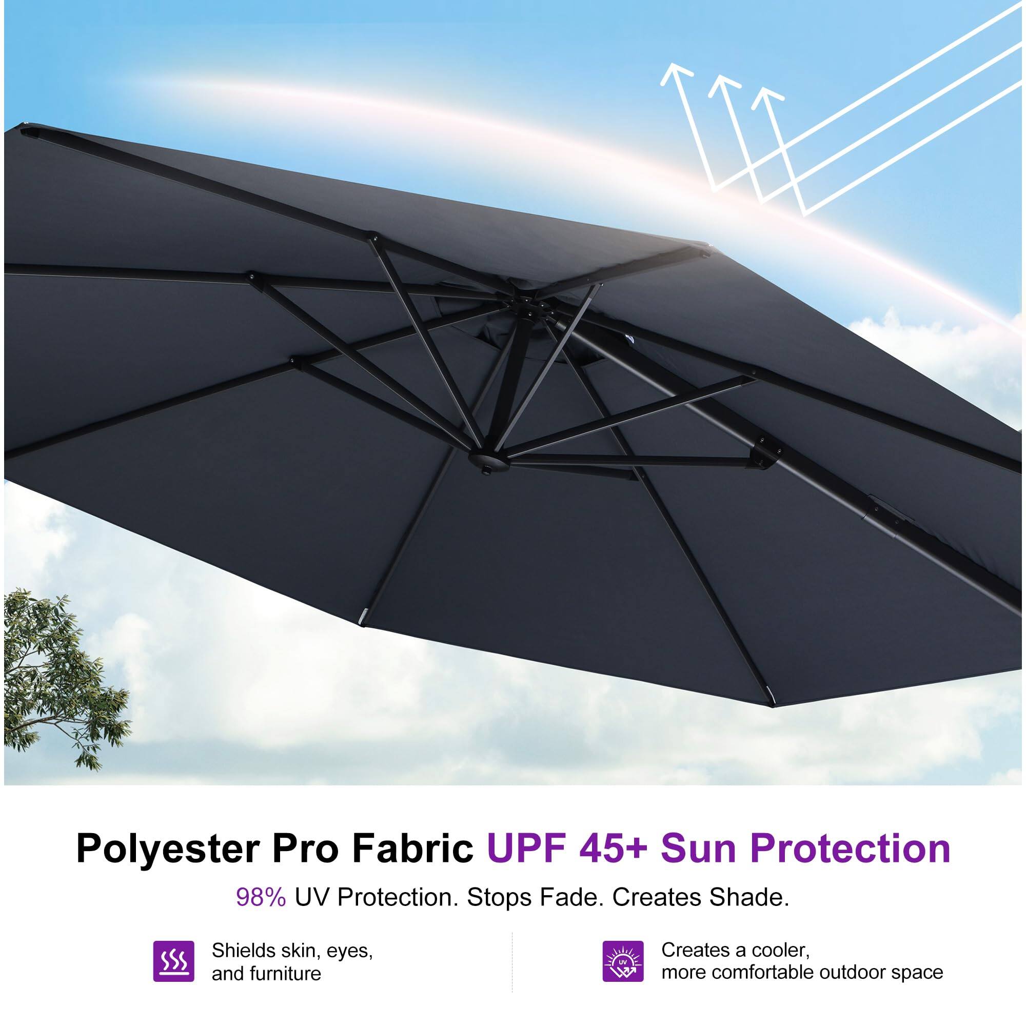 Polyester Pro Fabric UPF 45+ Sun Protection

98% UV Protection. Stops Fade. Creates Shade.

- Shields skin, eyes, and furniture
- Creates a cooler, more comfortable outdoor space