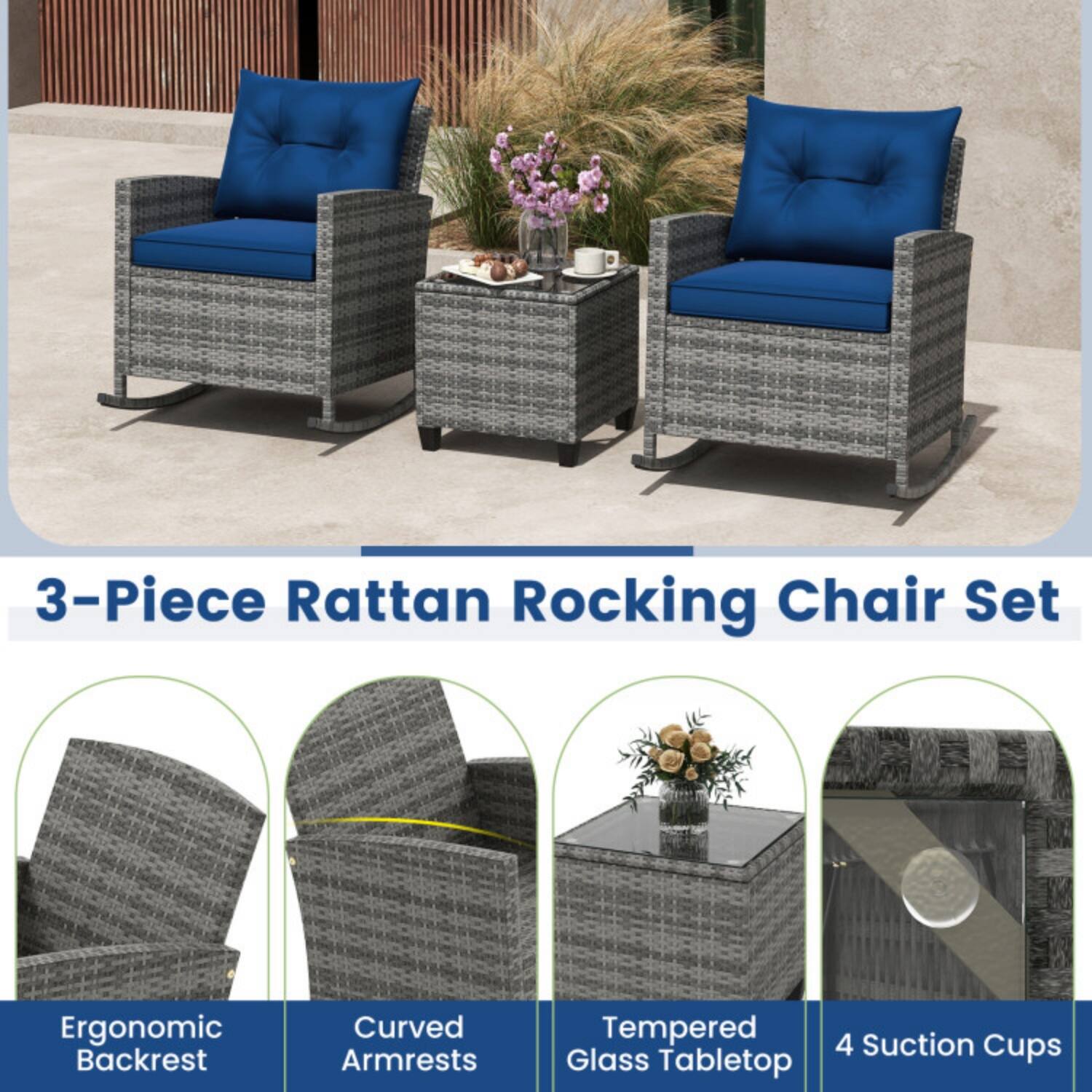 3-Piece Rattan Rocking Chair Set

- Ergonomic Backrest
- Curved Armrests
- Tempered Glass Tabletop
- 4 Suction Cups