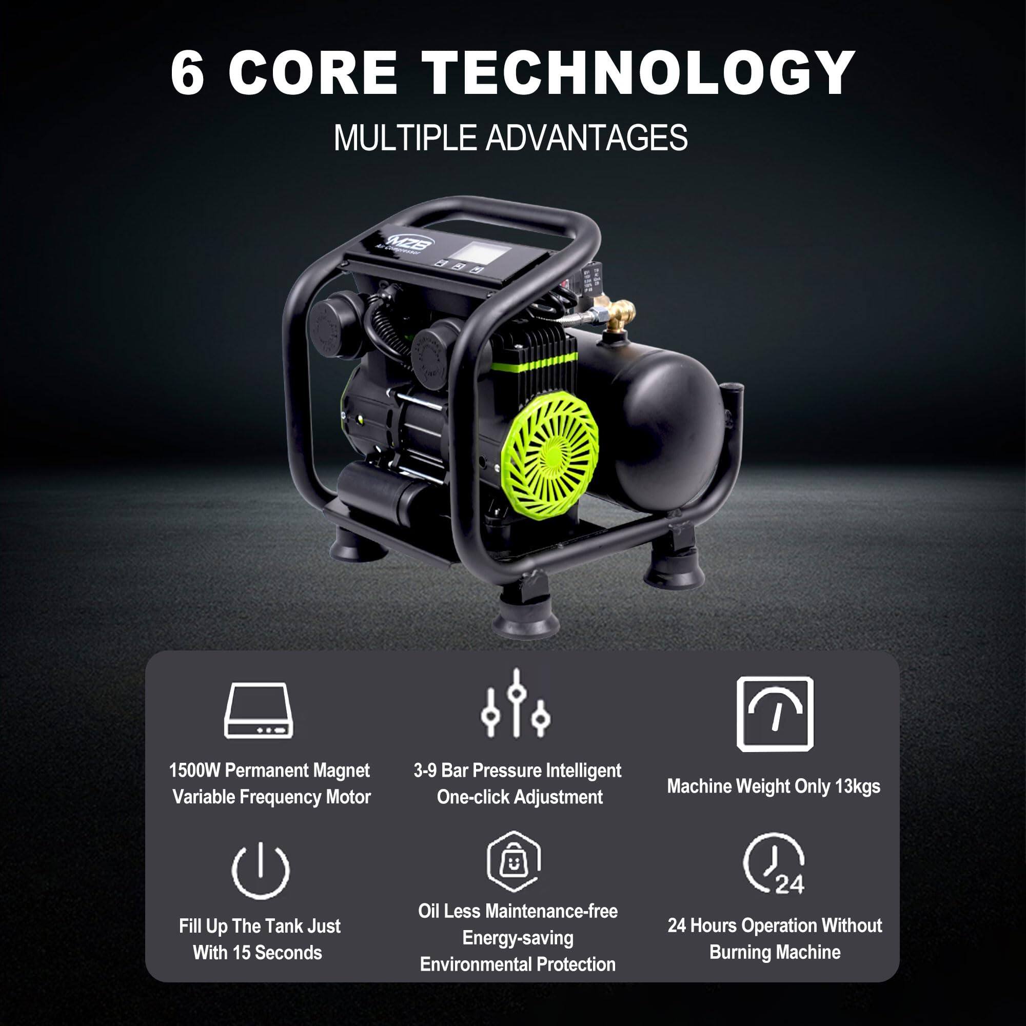 6 CORE TECHNOLOGY  
MULTIPLE ADVANTAGES  

- 1500W Permanent Magnet Variable Frequency Motor  
- 3-9 Bar Pressure Intelligent One-click Adjustment  
- Machine Weight Only 13kgs  
- Fill Up The Tank Just With 15 Seconds  
- Oil Less Maintenance-free Energy-saving Environmental Protection  
- 24 Hours Operation Without Burning Machine