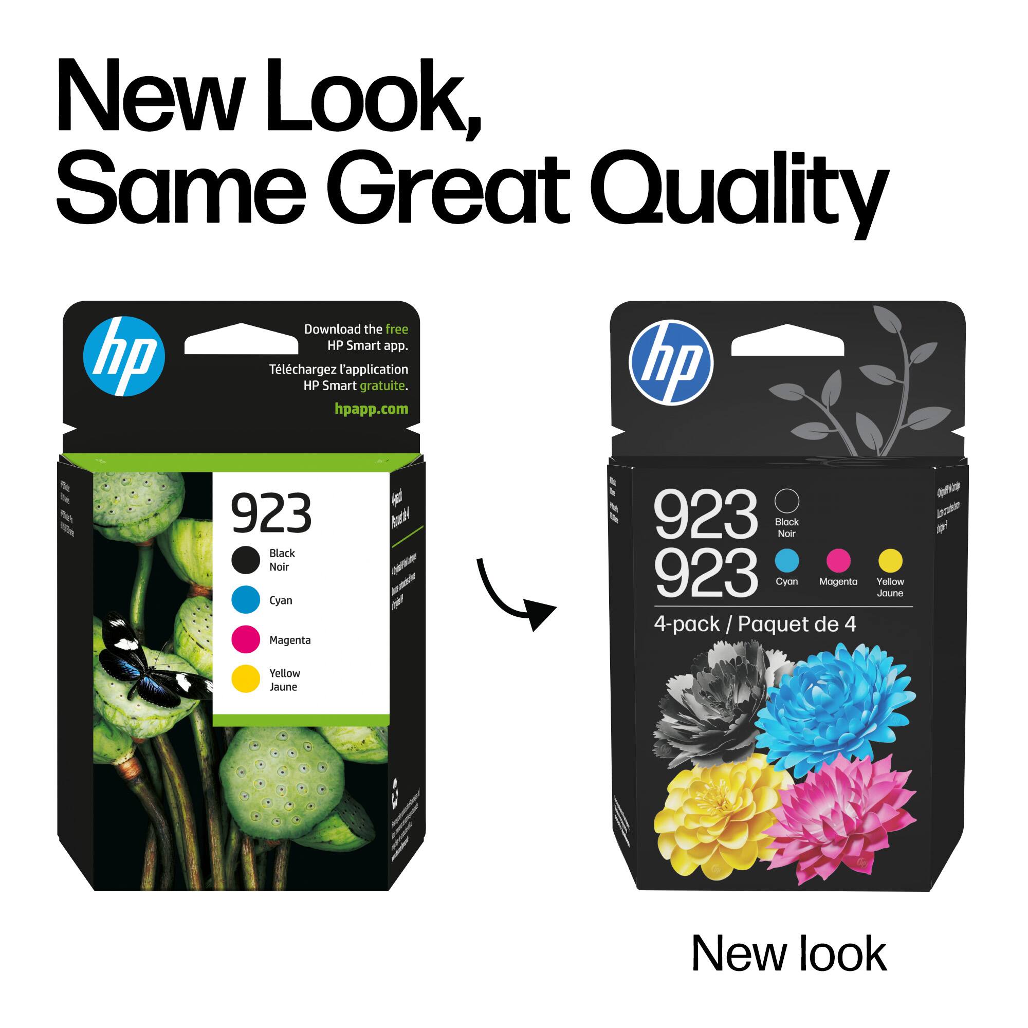 New Look, Same Great Quality

Download the free HP Smart app.  
Téléchargez l'application HP Smart gratuite.  
hpapp.com

923  
Black Noir  
Cyan  
Magenta  
Yellow Jaune

923  
923  
4-pack / Paquet de 4

New look