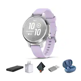 Garmin - Lily 2 Active, Small and Stylish Smartwatch Purple Jasmin Leather Band Bundle - Silver with Purple Jasmine Silicone Band - (2025)