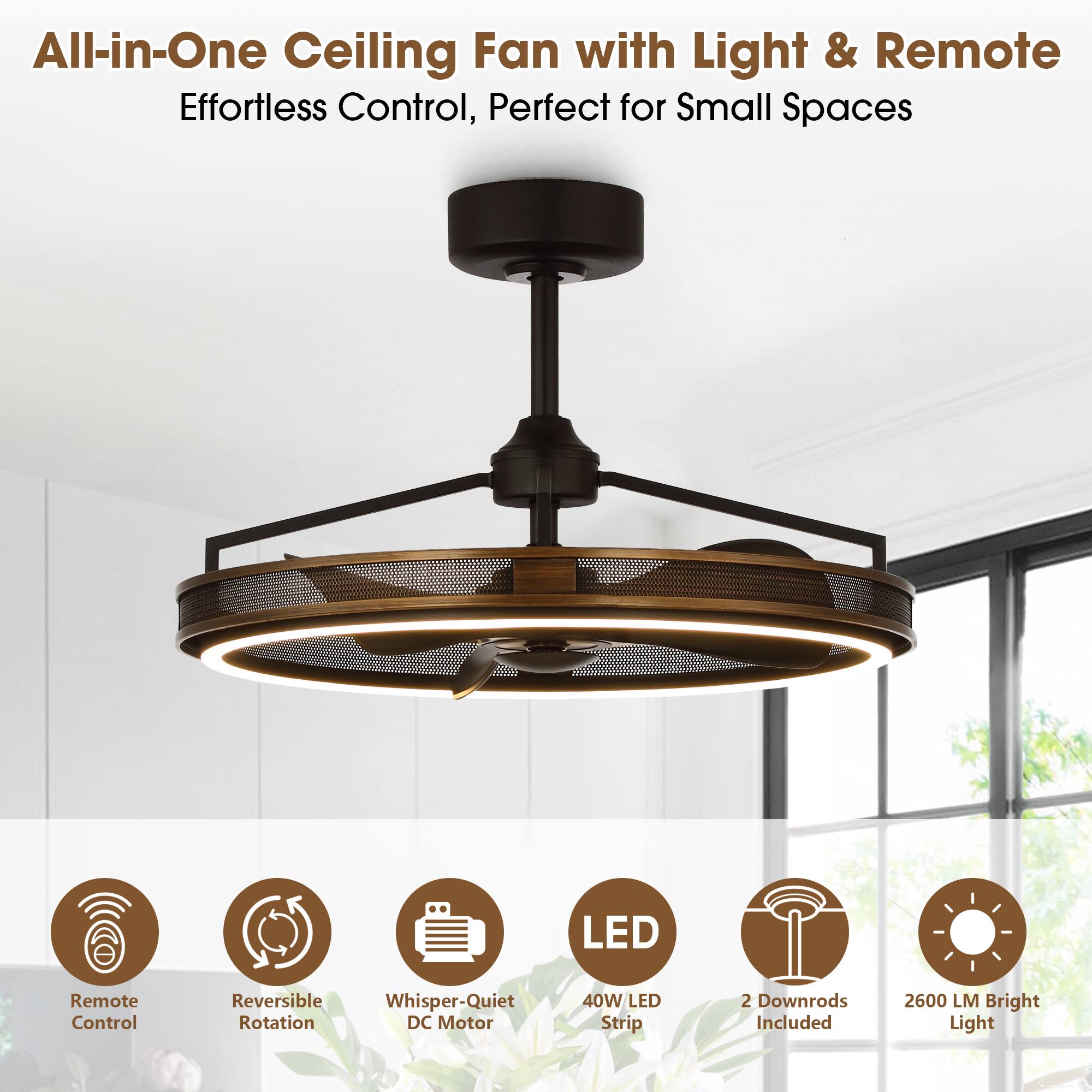 All-in-One Ceiling Fan with Light & Remote  
Effortless Control, Perfect for Small Spaces  

- Remote Control  
- Reversible Rotation  
- Whisper-Quiet DC Motor  
- 40W LED Strip  
- 2 Downrods Included  
- 2600 LM Bright Light