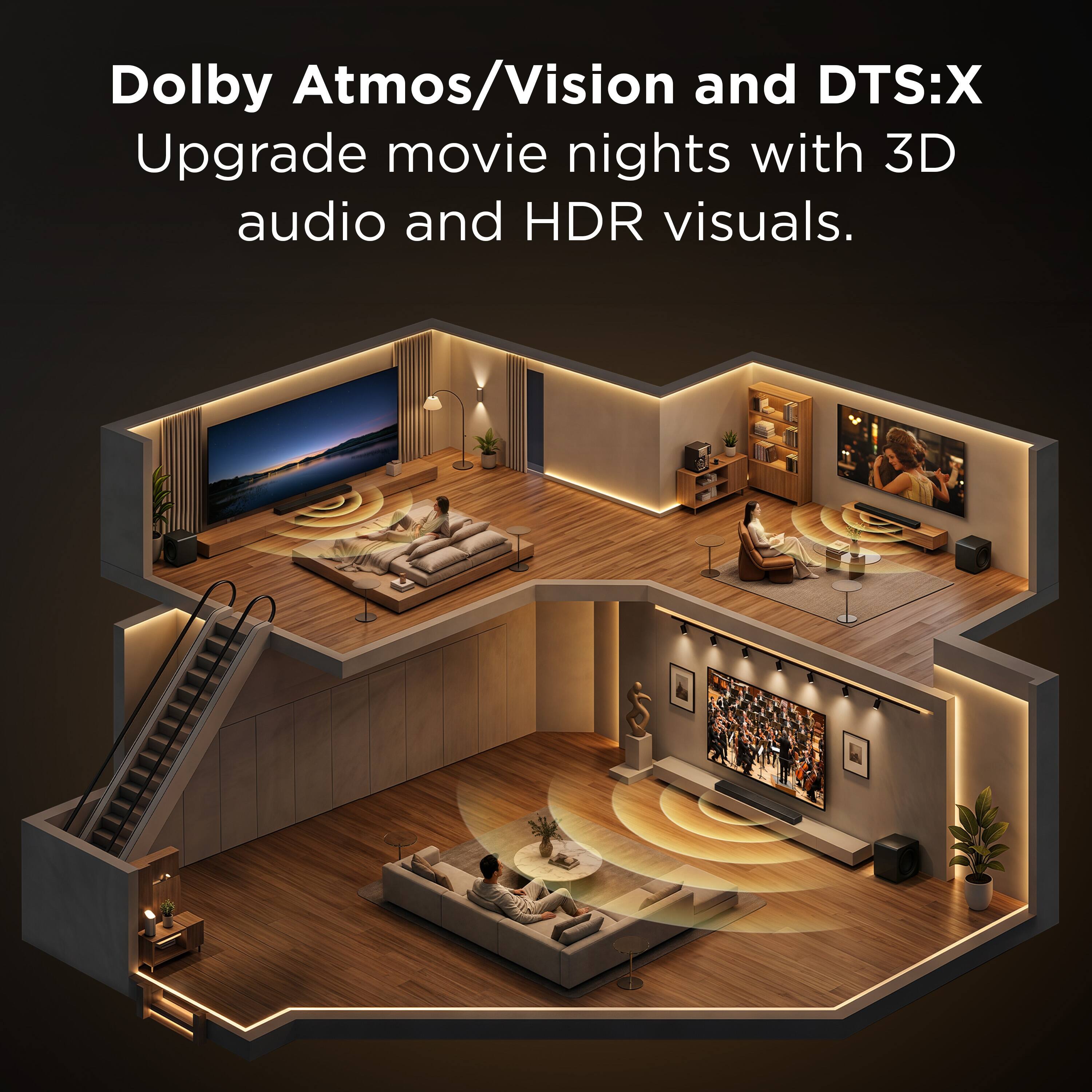 Dolby Atmos/Vision and DTS:X  
Upgrade movie nights with 3D audio and HDR visuals.