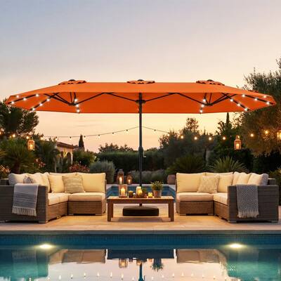 best patio umbrella with solar lights Choice Products 10ft 3-Tier w/ 24 LED Lights, Tilt Adjustment, Easy Crank Constructed of weather and Uv resistant polyester canopy and steel frame The Best Patio Umbrellas With