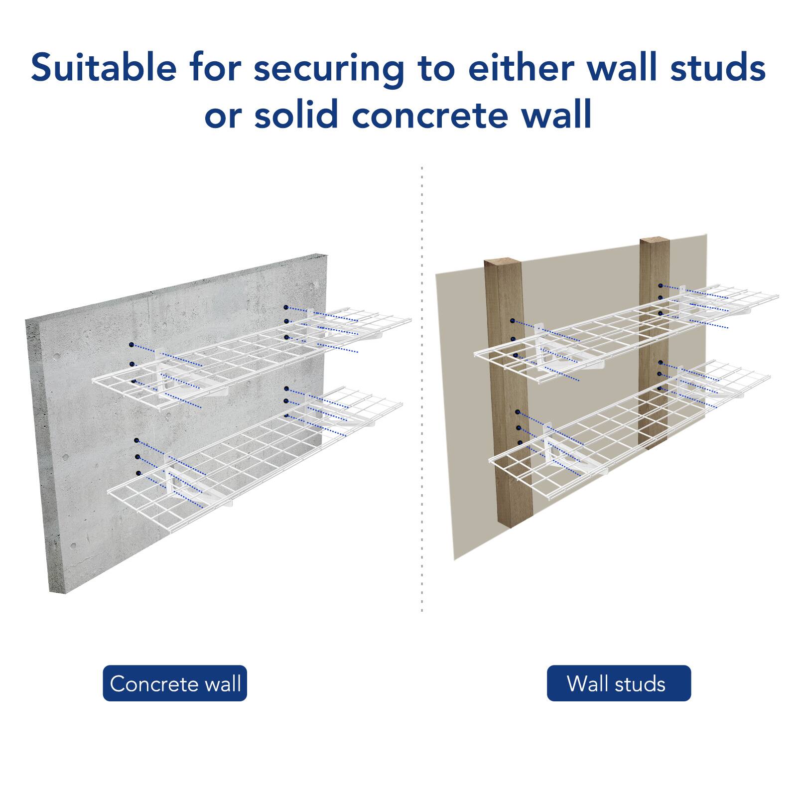 Suitable for securing to either wall studs or solid concrete wall

Concrete wall

Wall studs
