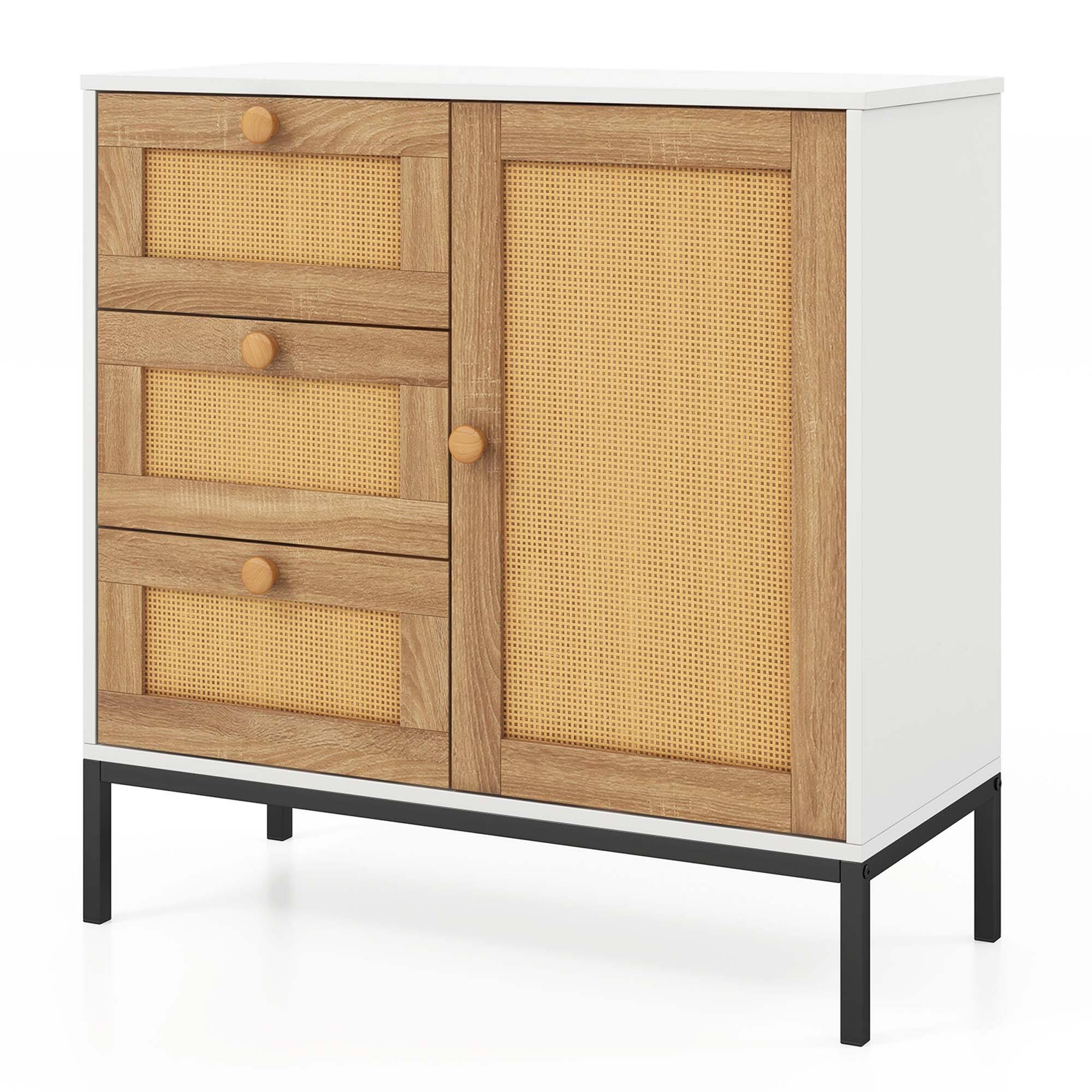 Alt View 1. Costway - Rattan Buffet Sideboard with 3 Drawers & 1 Door Sturdy Metal Legs Storage Cabinet - White + Natural + Black.