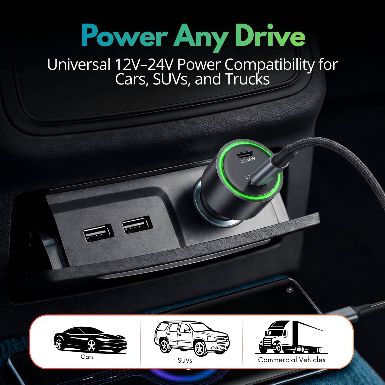 Power Any Drive  
Universal 12V-24V Power Compatibility for Cars, SUVs, and Trucks  
C1: 45W  
C2  
Cars  
SUVs  
1 Commercial Vehicles
