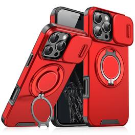 Dteck - Magnetic Ring Stand Case for iPhone 15 Pro Max with Slide Lens Protection Hard Back Cover - Red