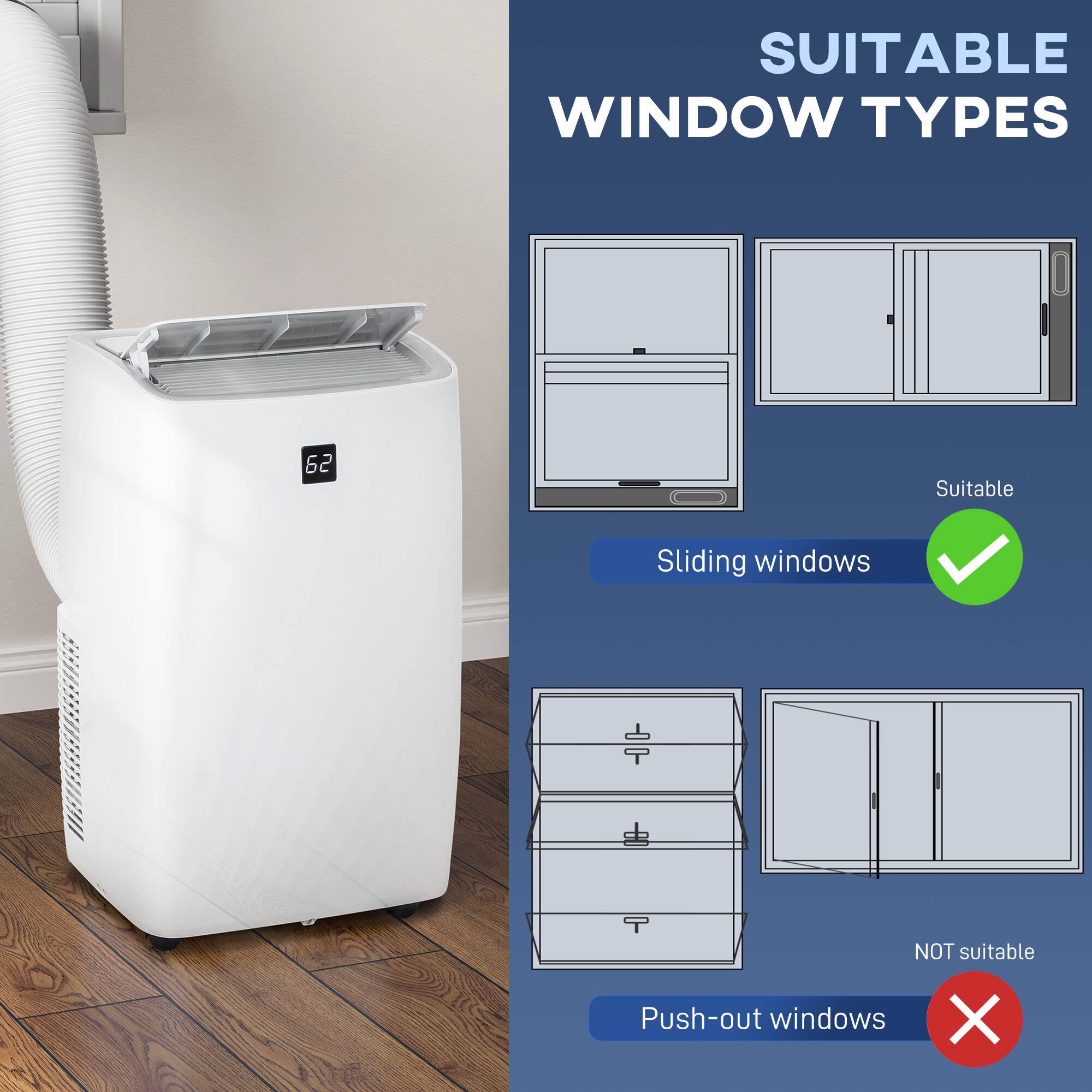 SUITABLE WINDOW TYPES

- Suitable Sliding windows ✔️
- NOT suitable Push-out windows ❌