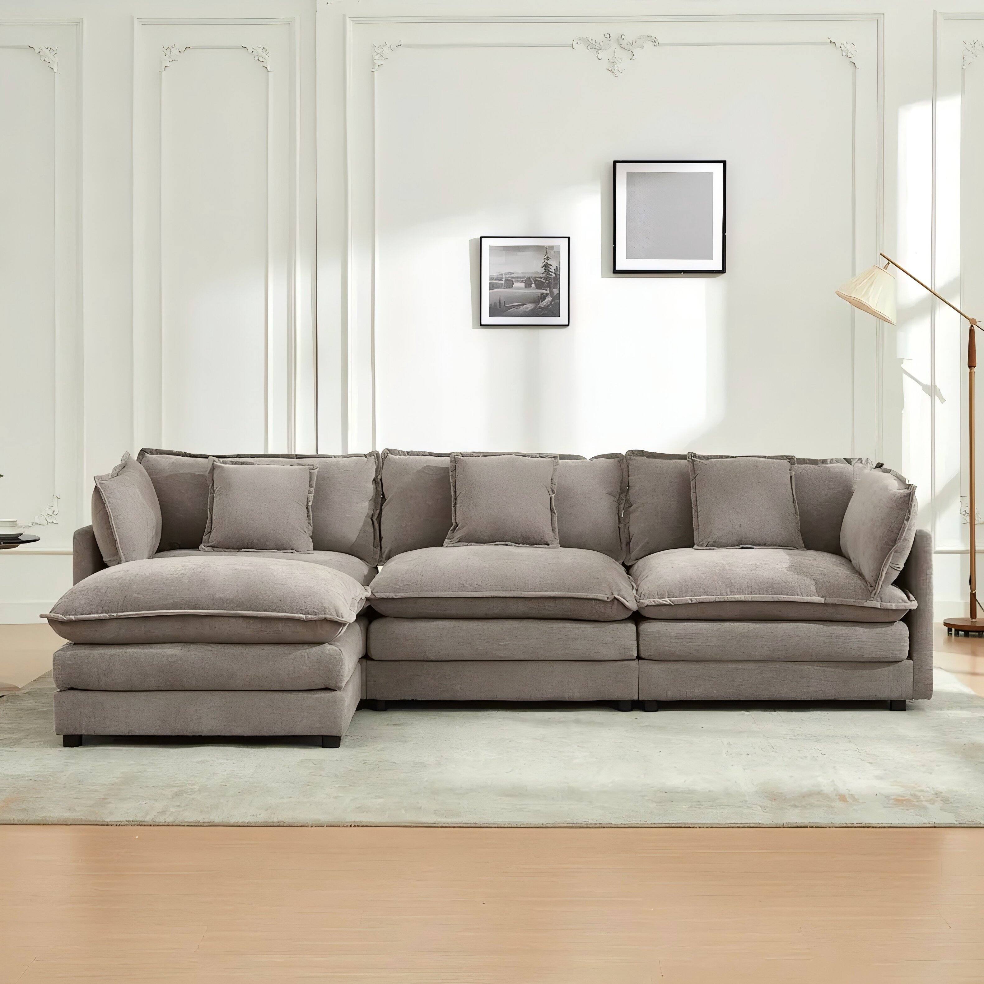 KERDOM - Sectional 3 Seat Sofa Set Deep Seat with 1 Ottoman Movable & Pillows, Sleeper Sofa Bed Chaise Longue L Shaped Couch - Gray