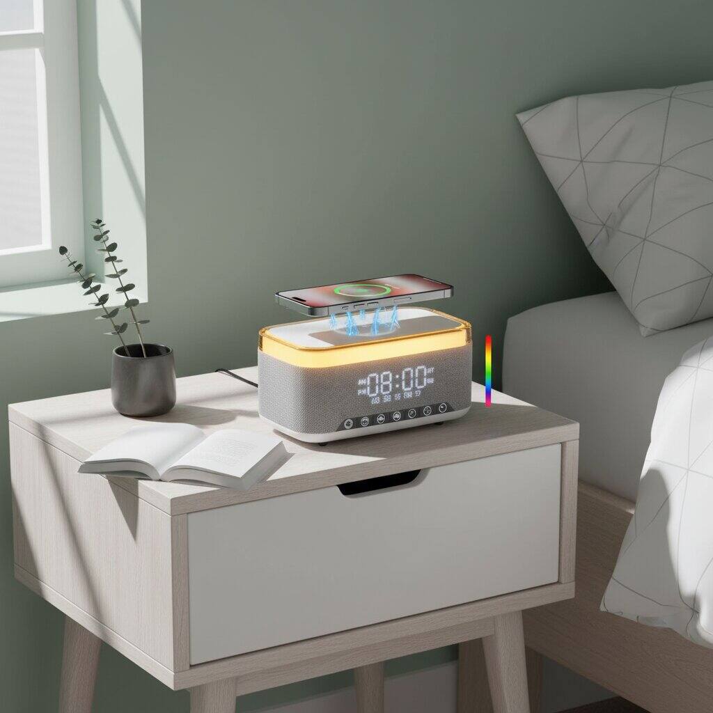 Alt View 2. Dazzed Corner - Bluetooth Speaker Alarm Clock with Wireless Charger,Bluetooth Speaker, Digital Clock - Gray.