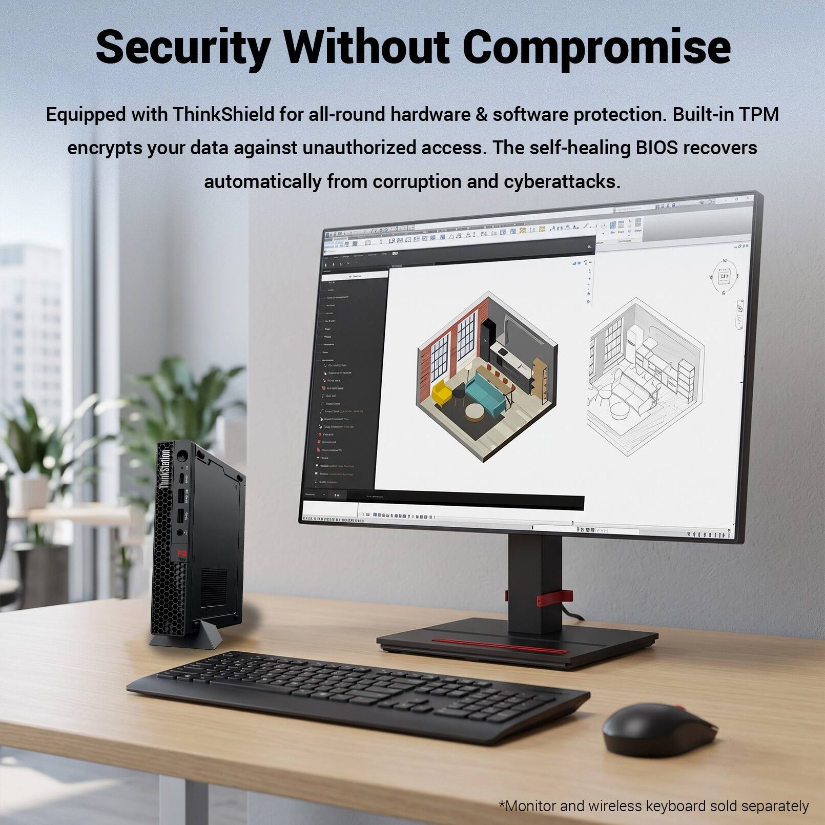 Security Without Compromise

Equipped with ThinkShield for all-round hardware & software protection. Built-in TPM encrypts your data against unauthorized access. The self-healing BIOS recovers automatically from corruption and cyberattacks.

*Monitor and wireless keyboard sold separately