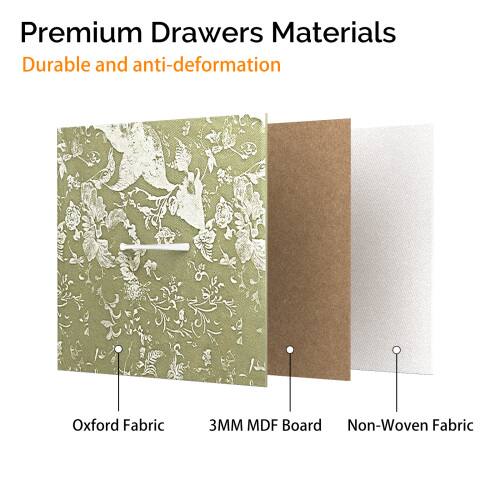 Premium Drawers Materials  
Durable and anti-deformation  

- Oxford Fabric  
- 3MM MDF Board  
- Non-Woven Fabric
