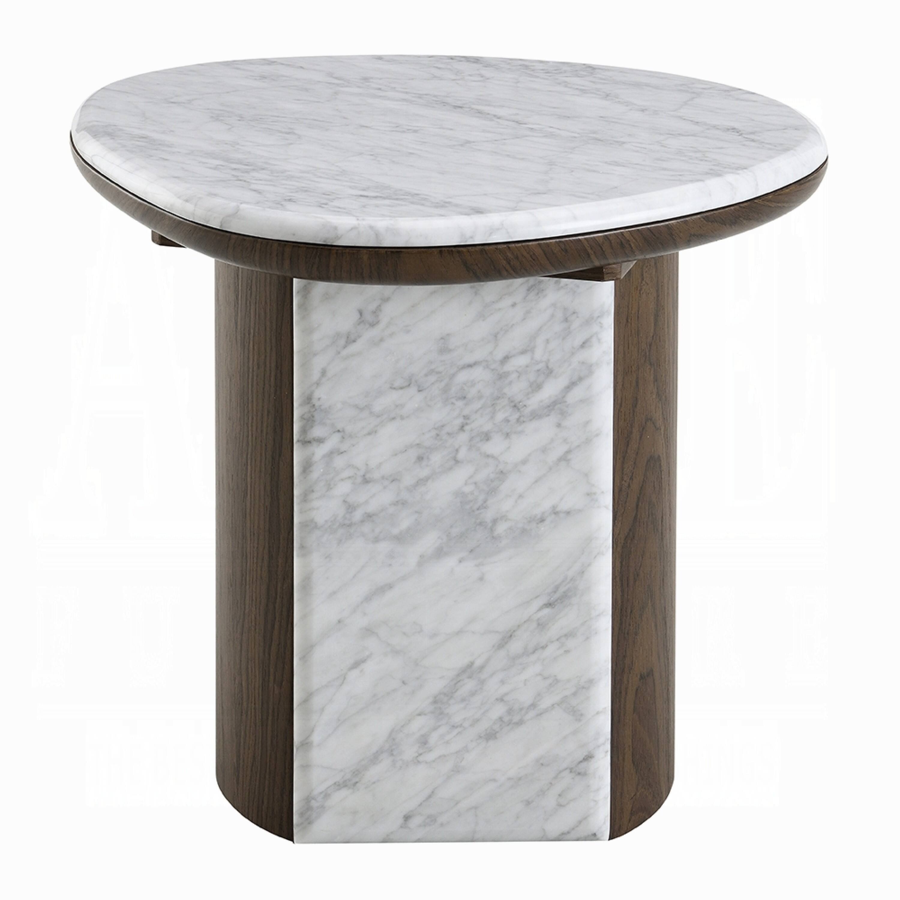 Alt View 1. Manhattan Lane - Jima Side End Table, 20 Inch White Marble Top, Brown Veneer Base - White, Gray, Brown.