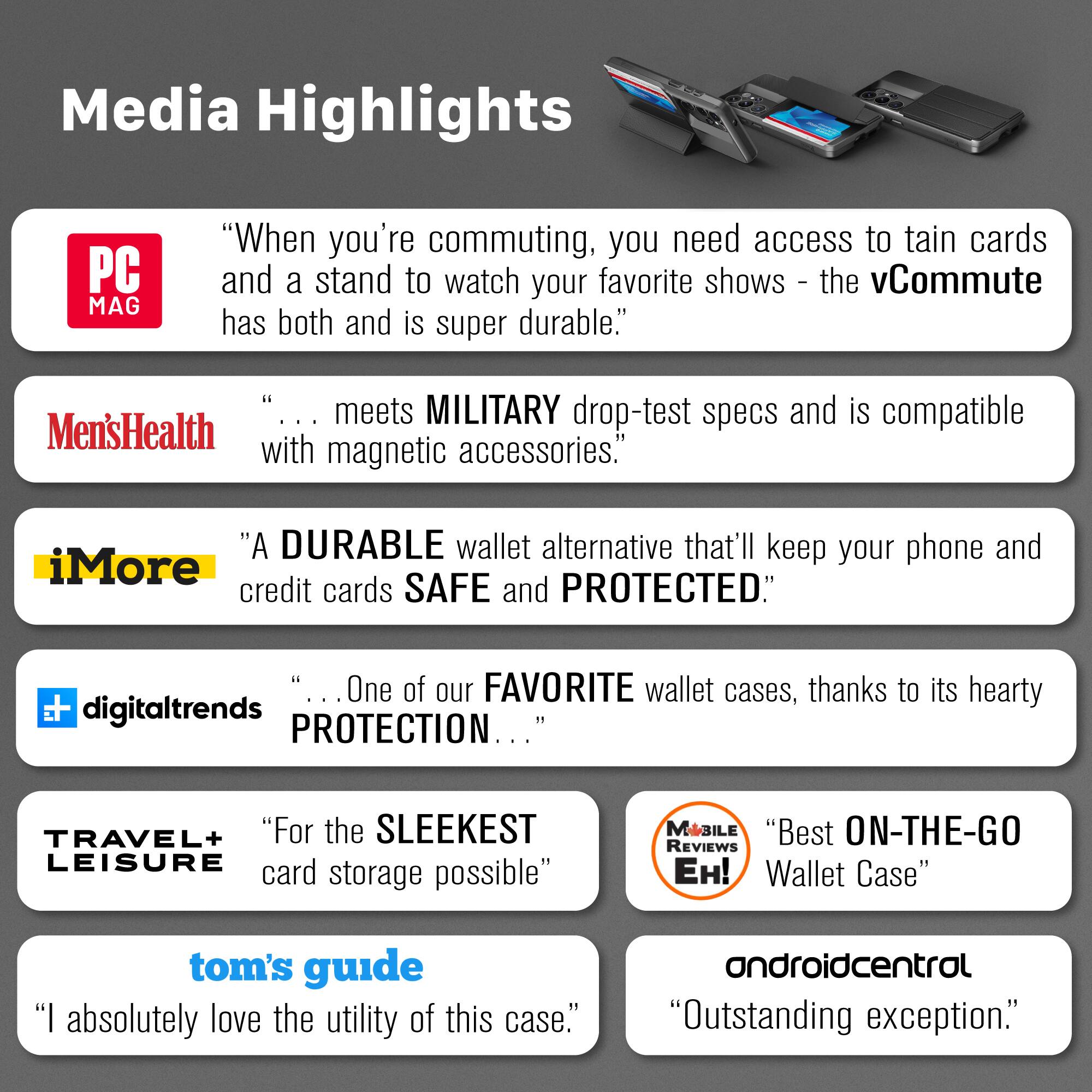 Media Highlights

PC MAG: "When you're commuting, you need access to train cards and a stand to watch your favorite shows - the vCommute has both and is super durable."

Men's Health: "... meets MILITARY drop-test specs and is compatible with magnetic accessories."

iMore: "A DURABLE wallet alternative that'll keep your phone and credit cards SAFE and PROTECTED."

digitaltrends: "... One of our FAVORITE wallet cases, thanks to its hearty PROTECTION..."

TRAVEL+ LEISURE: "For the SLEEKEST LEISURE card storage possible"

tom's guide: "I absolutely love the utility of this case."

Mobilereviews Eh!: "Best ON-THE-GO Wallet Case"

androidcentral: "Outstanding exception."