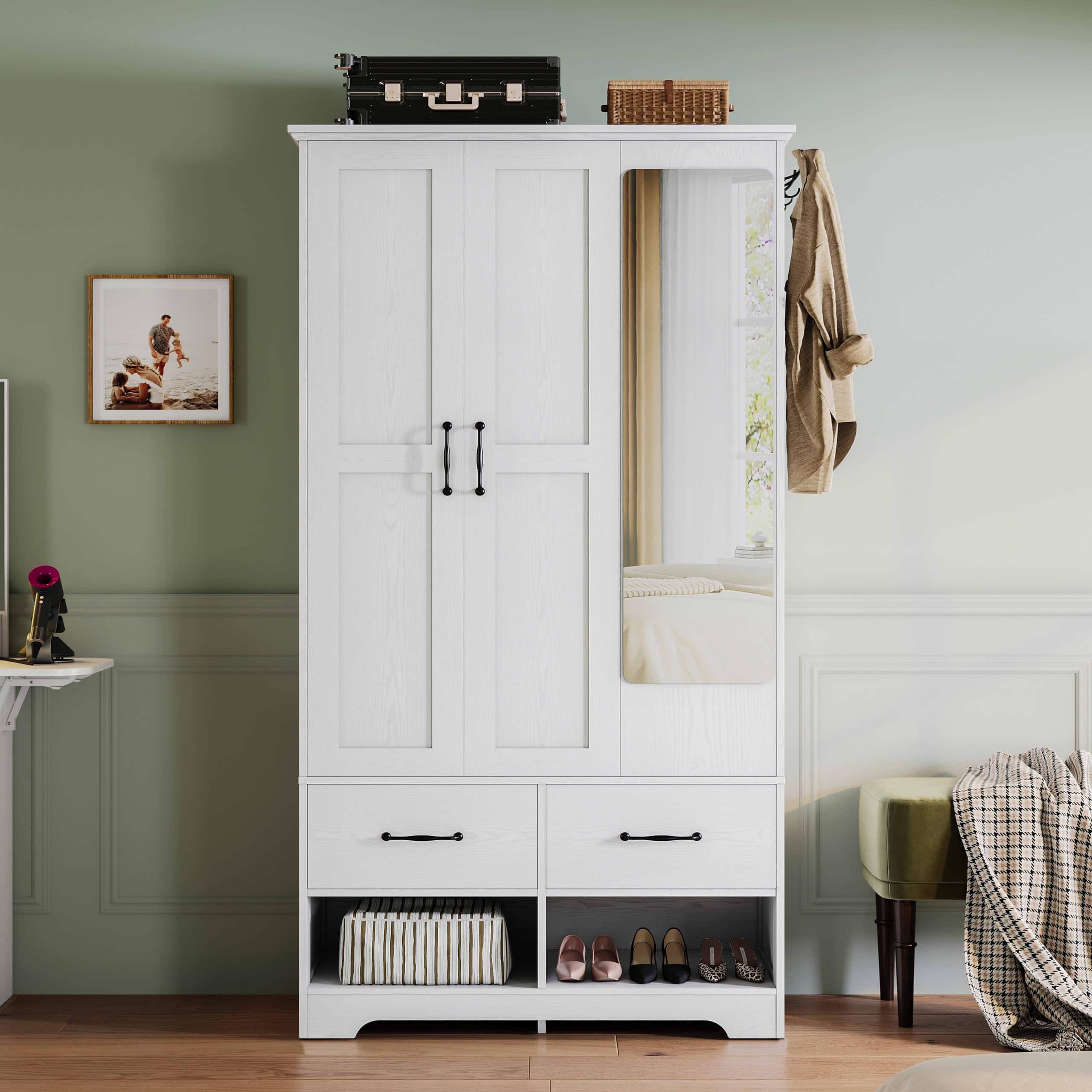 Cedar Assembly - Armoire Wardrobe Closet With Mirror 2 Shoe Racks 70 H Wooden Bedroom Armoires And Adjustable Shelves Freest - Default