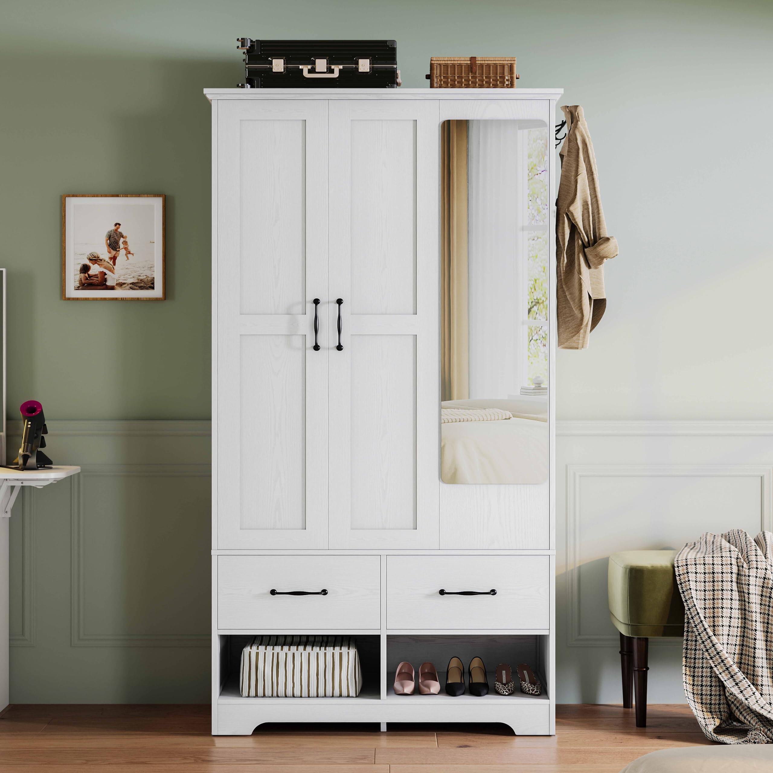 Cedar Assembly - 3 Doors Armoire Wardrobe Closet With Mirror 2 Shoe Racks 70 H Wooden Bedroom Armoires 2 Drawers And Adjust - Metal Wood Shelf Divider