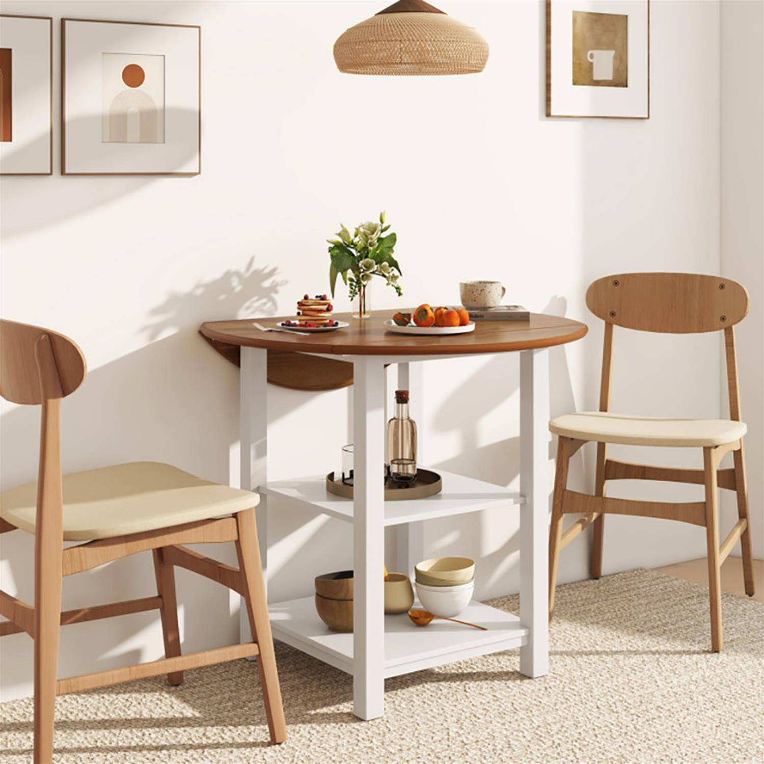 Back. Pefilos - 40" Modern Dining Table with 2 Shelves, Kitchen Table for 2-4 People, Folding Round Dinner Table for Home Office - Brown.